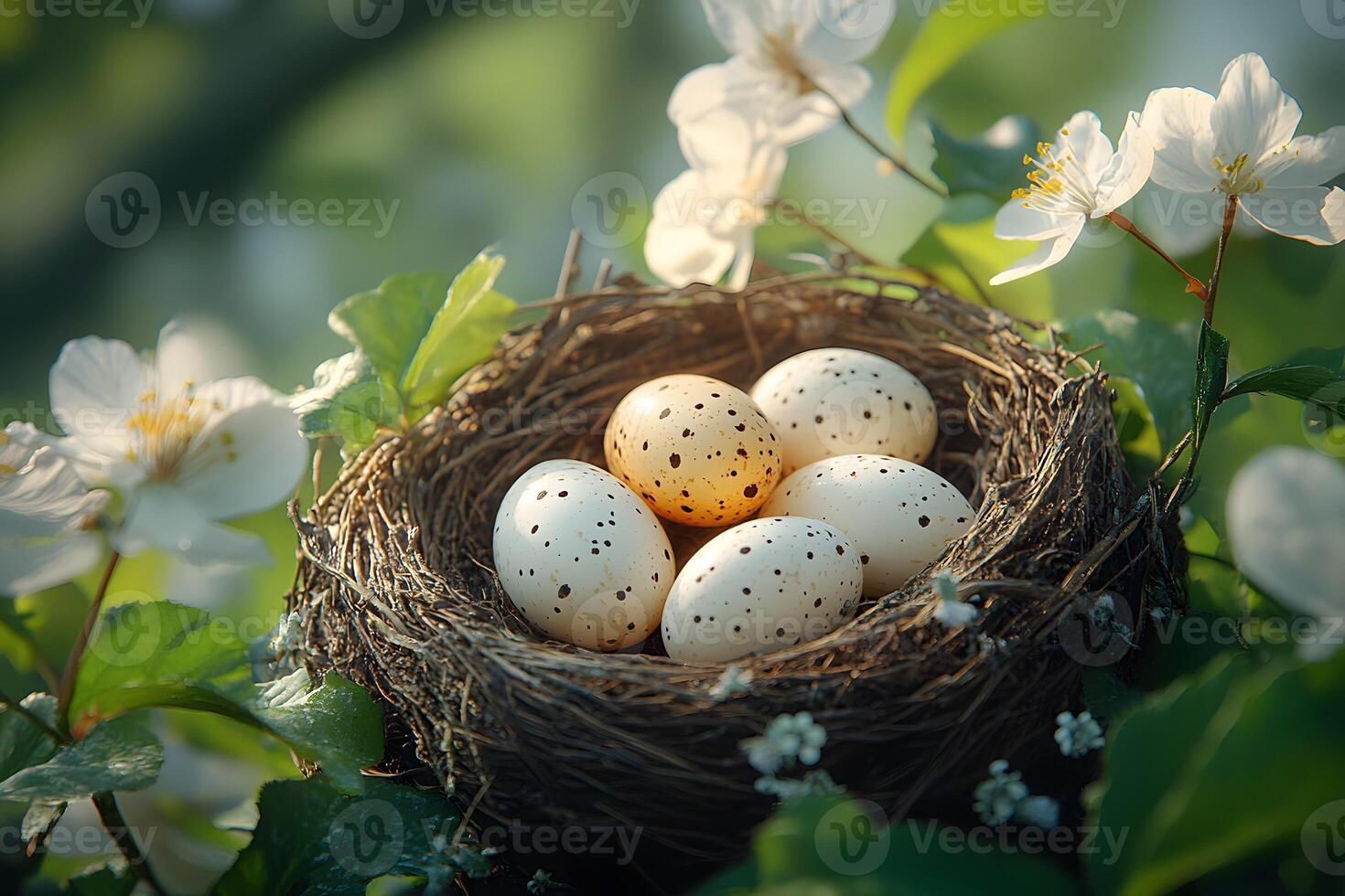 Spring Nest with Speckled Eggs and Blossoms in Sunlit Garden photo