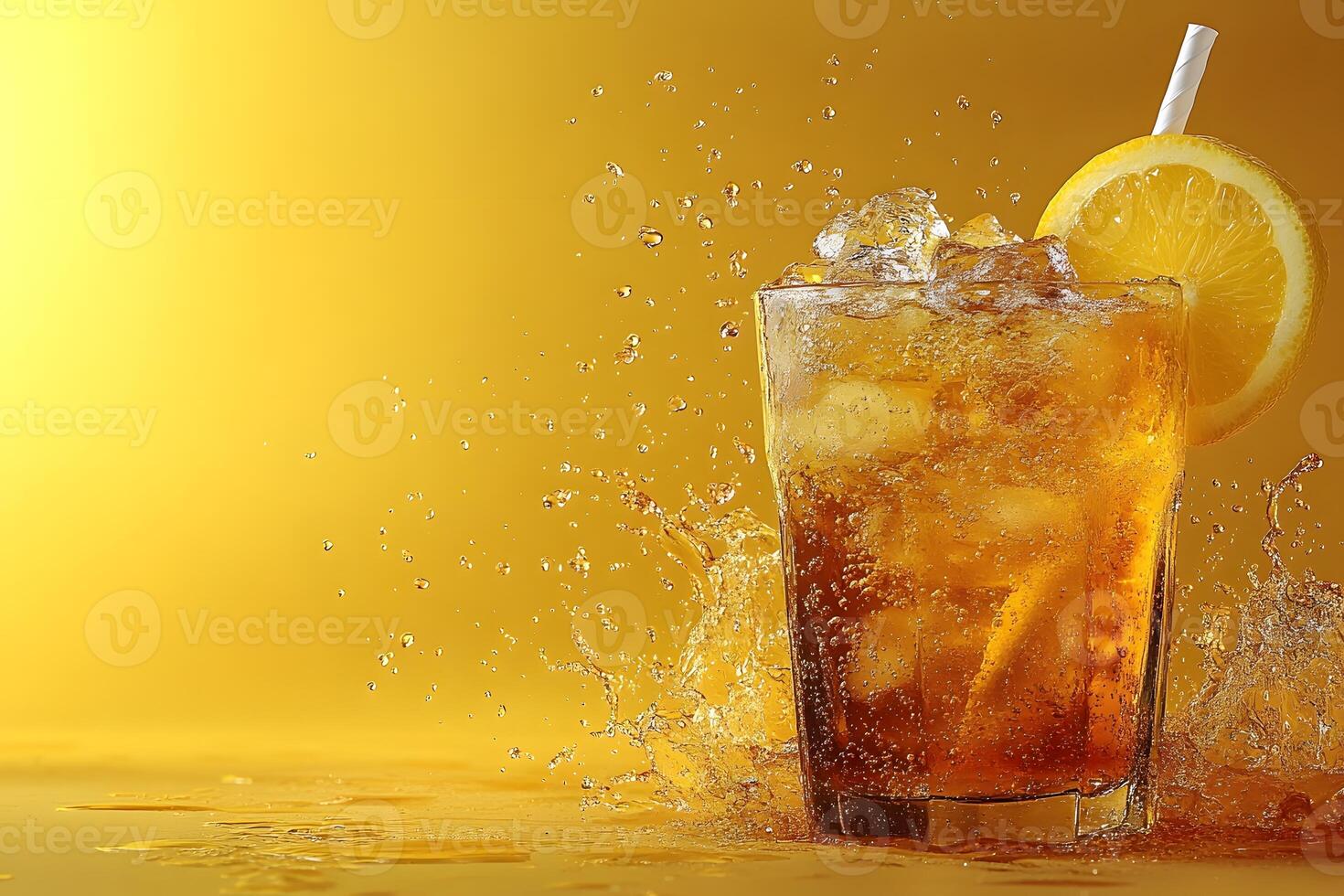 Refreshing Lemon Iced Tea Splash with Ice and Citrus Slice on Yellow Background photo