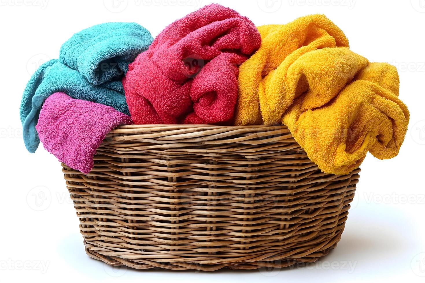 Colorful Towels in Wicker Basket for Home Decor and Bathroom Organization photo