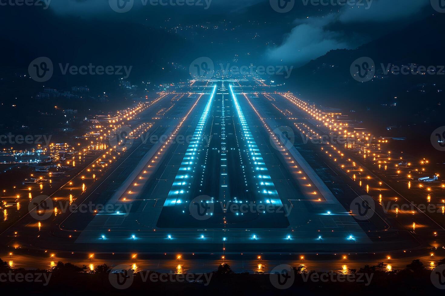 Illuminated Airport Runway at Night with Mountainous Backdrop for Travel and Aviation Themes photo