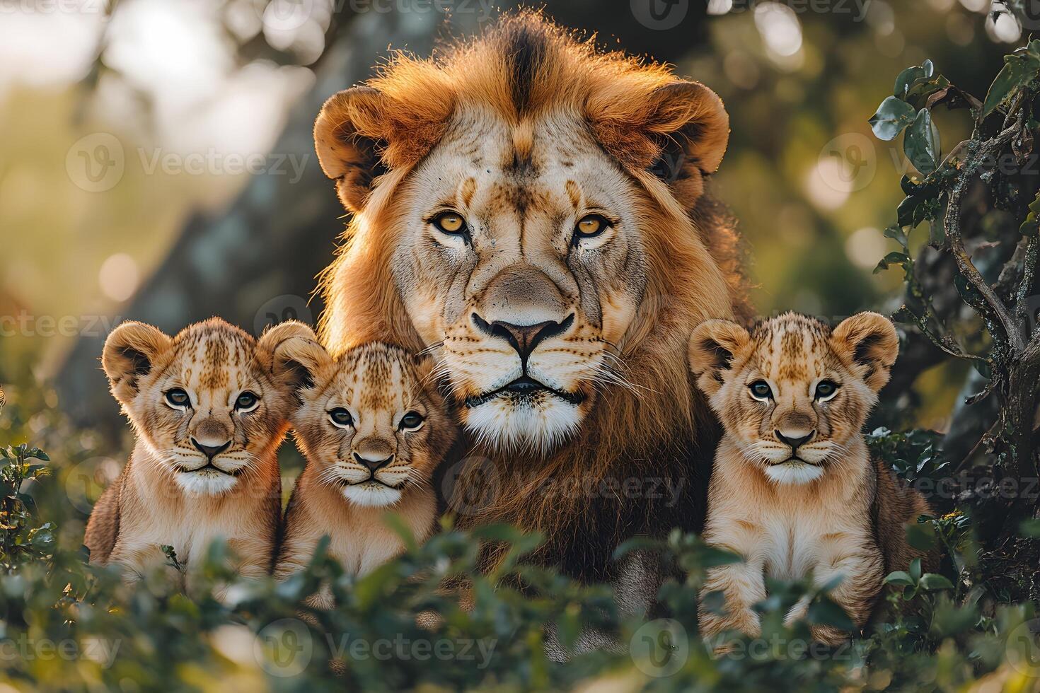 Majestic Lion Family Portrait in African Wilderness for Wildlife Conservation Awareness photo