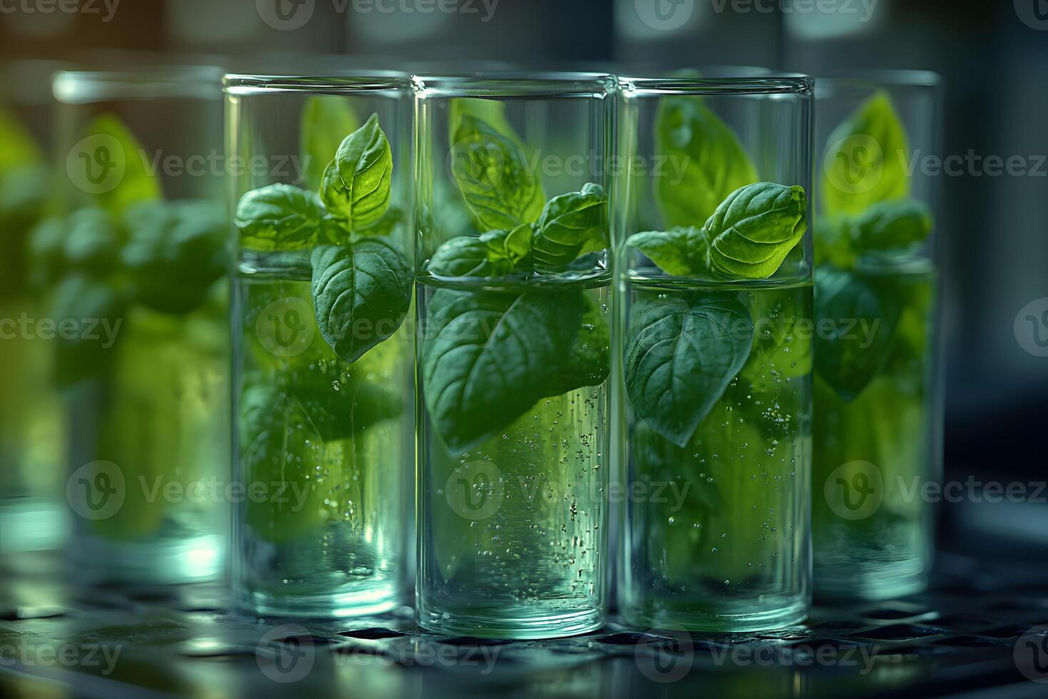 Fresh Basil Leaves in Transparent Glasses with Water - Nature and Culinary Concept photo
