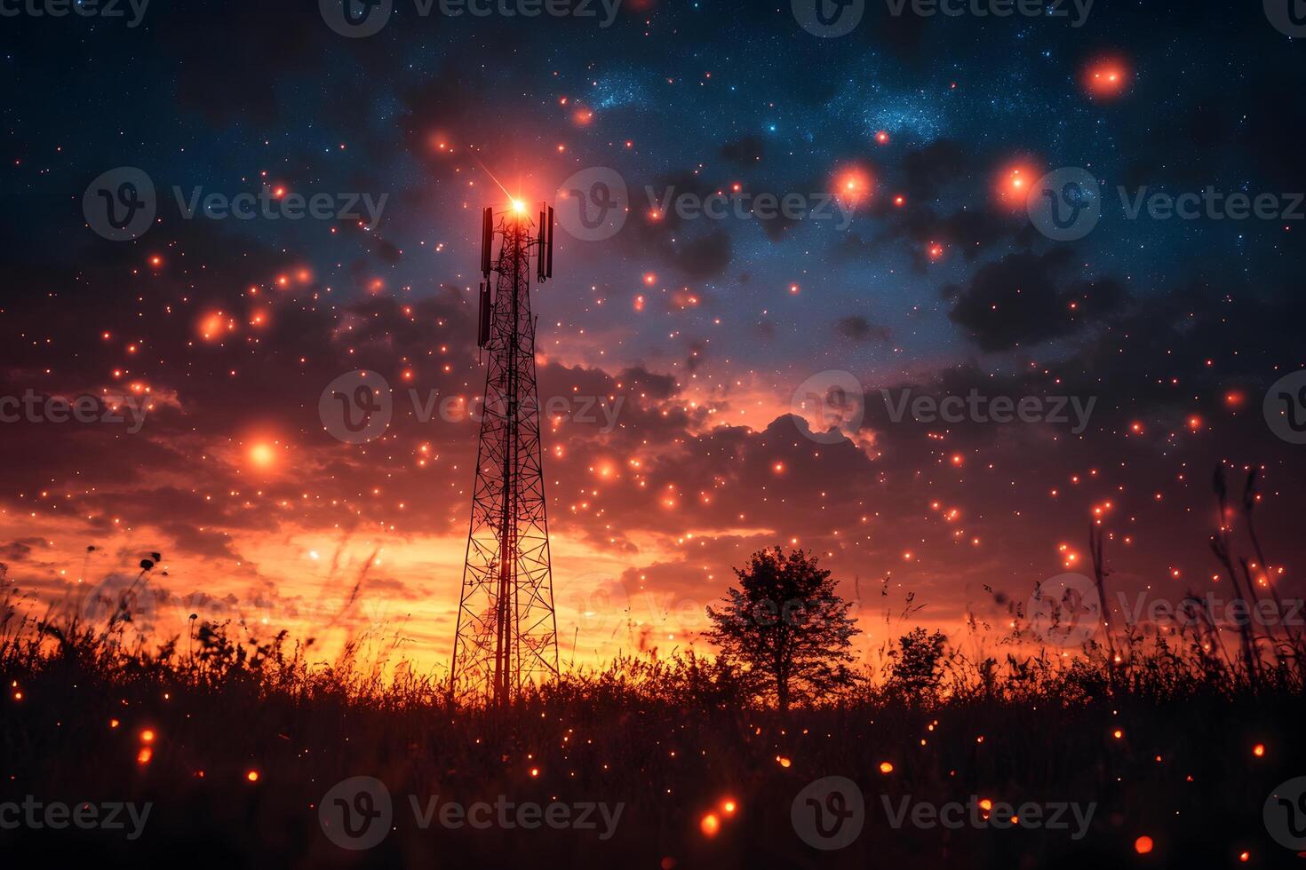 Stunning Telecommunication Tower at Sunset with Glowing Embers and Starry Sky for Digital Design photo