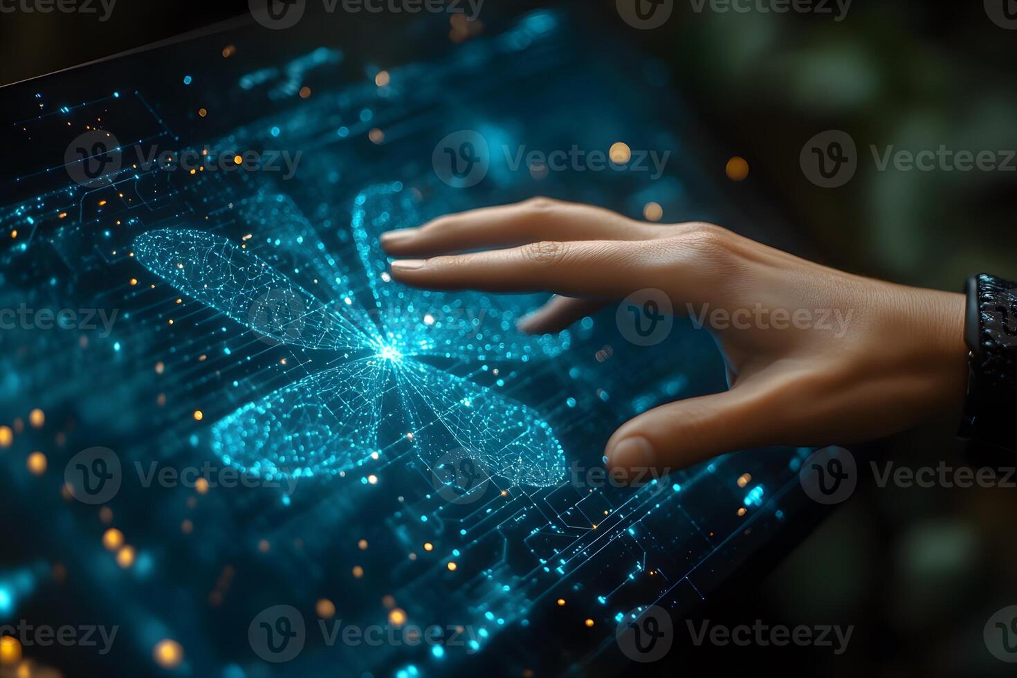 Futuristic Touchscreen Interaction with Digital Butterfly Hologram Technology Concept photo