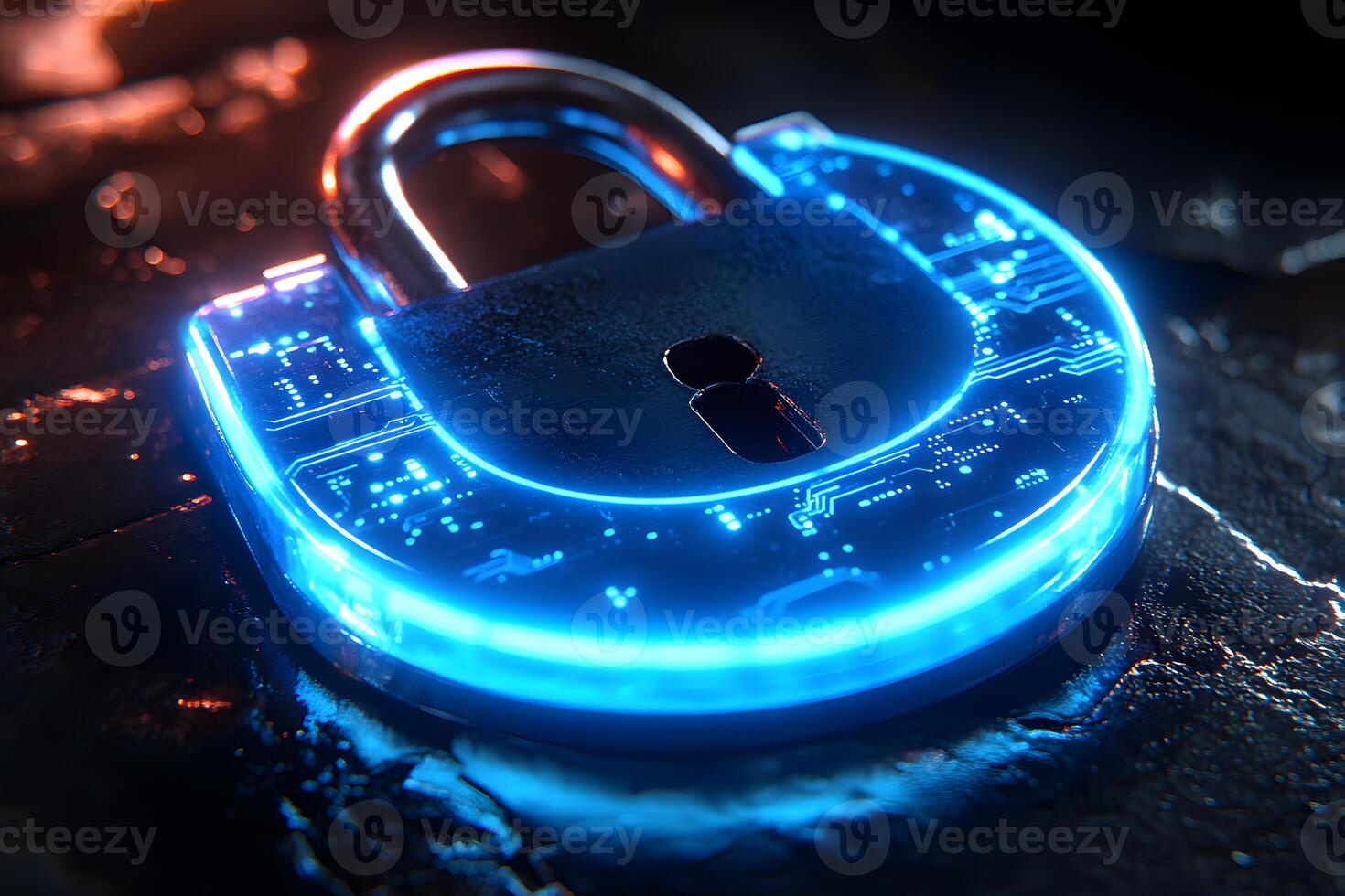 Futuristic Cybersecurity Lock with Neon Glow for Technology Concepts photo