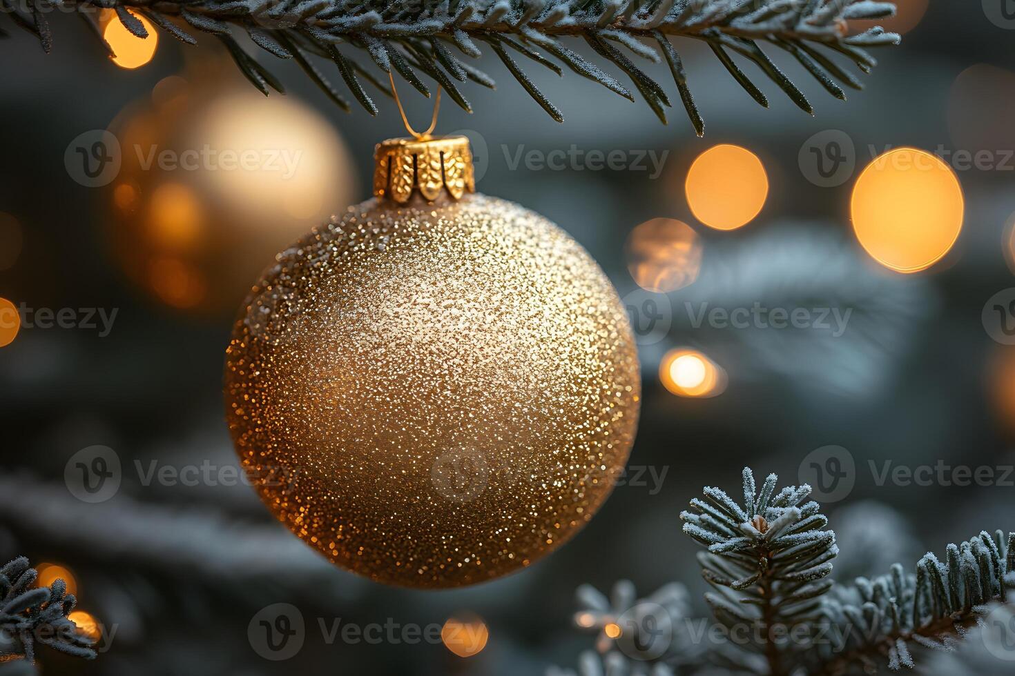 Elegant Christmas Ornament with Golden Glow on Snowy Pine Tree Branch photo