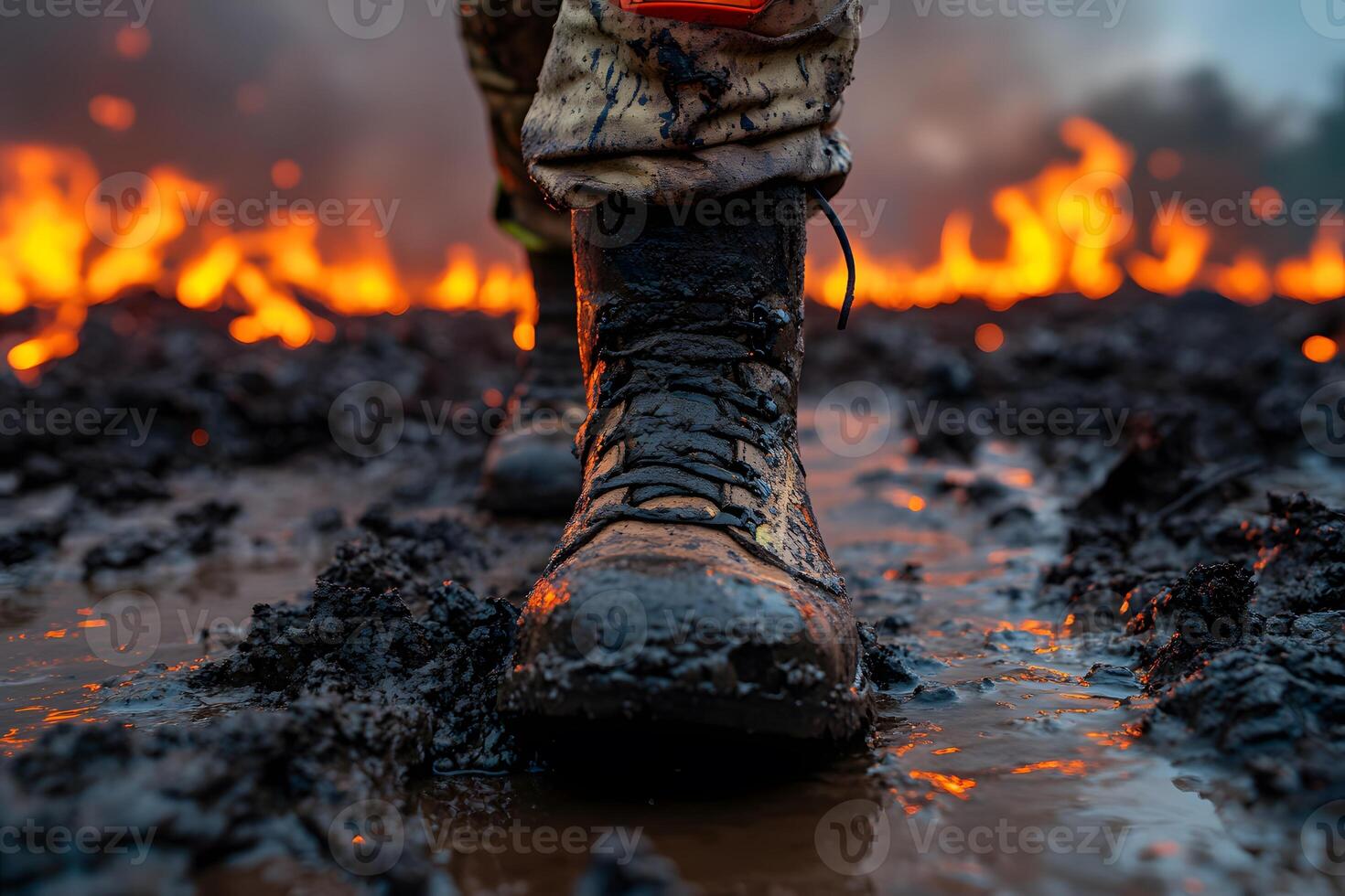 Firefighter Boots in Muddy Terrain During Blaze Control Operations photo