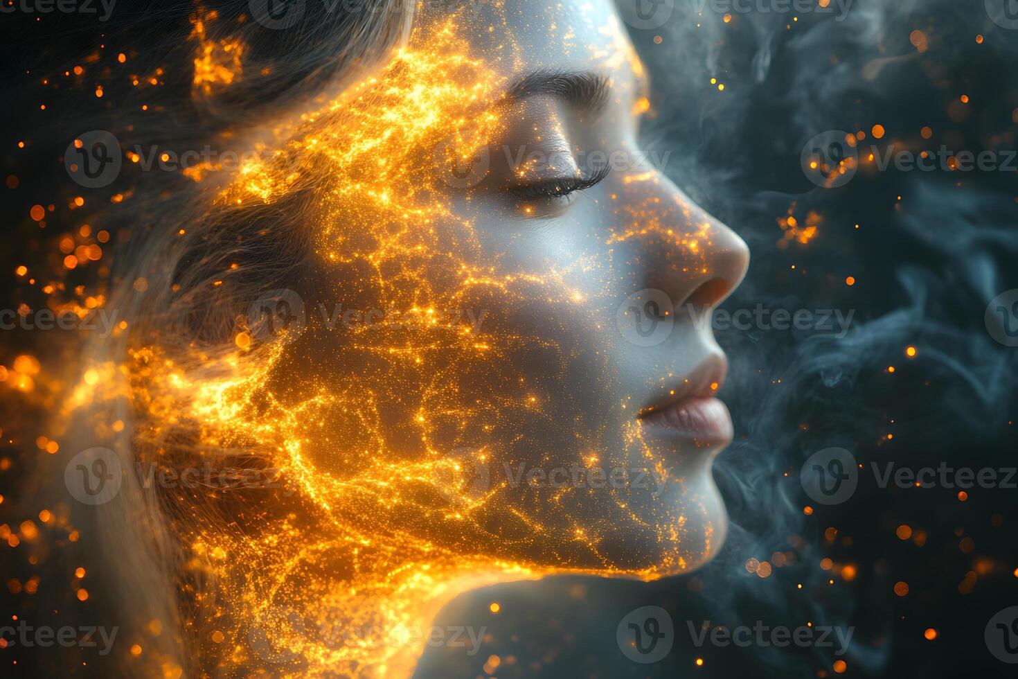 Abstract Cosmic Beauty Surreal Portrait with Fiery Overlay for Futuristic Digital Art Concept photo