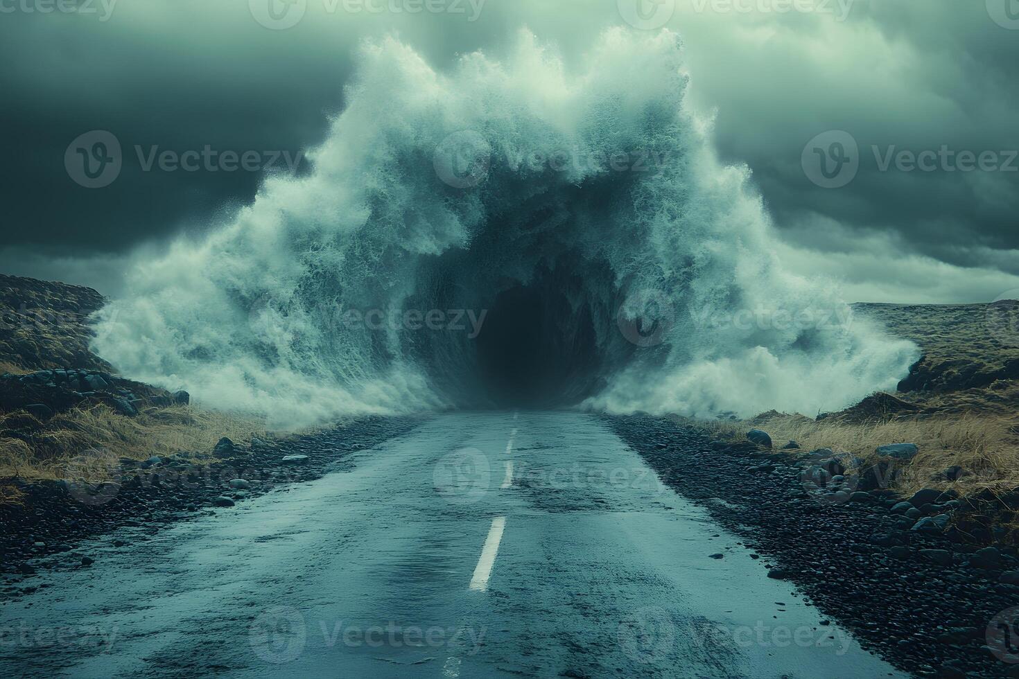 Dramatic Ocean Wave Crashing Over Road - Surreal Nature Chaos and Power photo