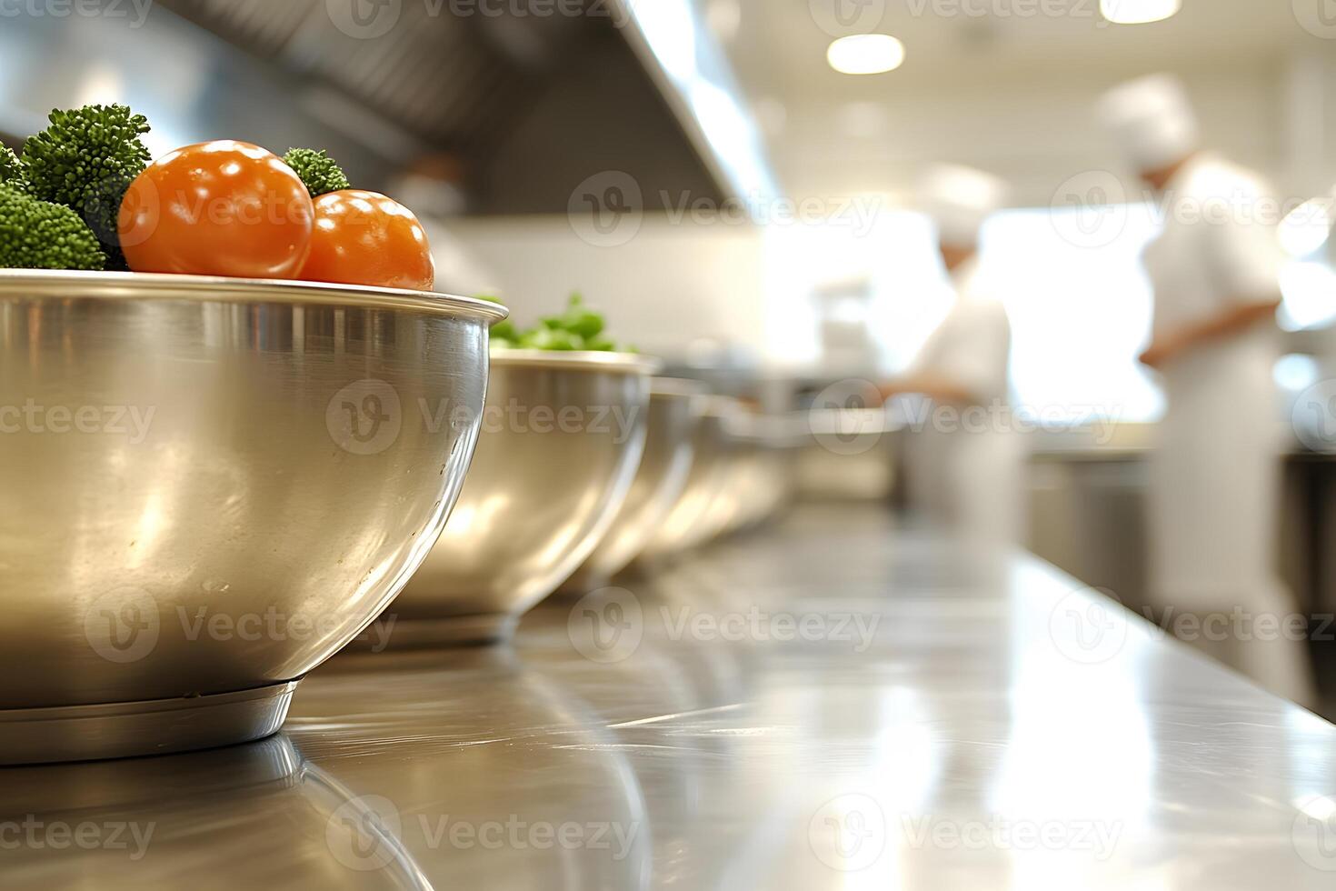 Professional Kitchen with Fresh Vegetables in Stainless Steel Bowls for Culinary Preparation photo