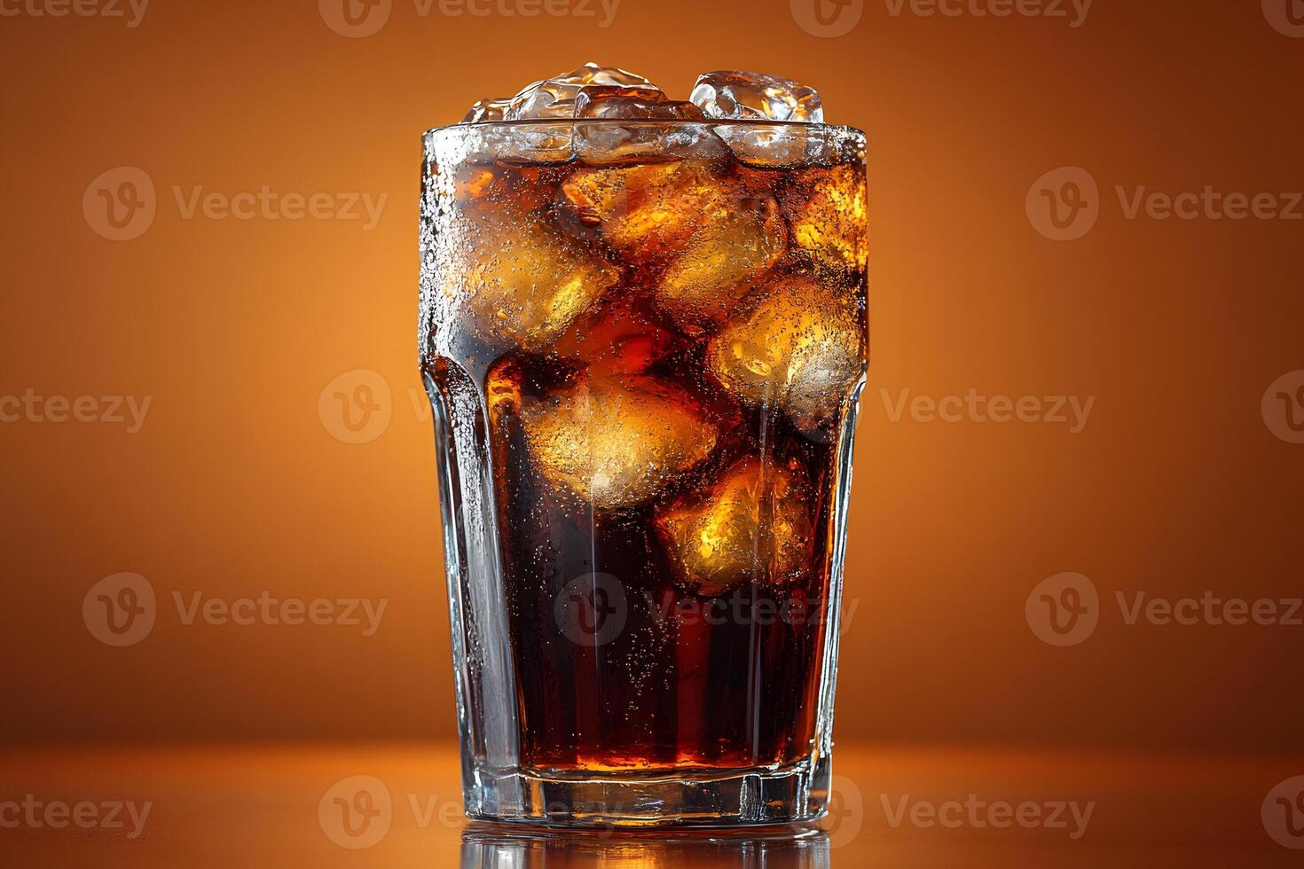Refreshing Iced Cola Beverage on Amber Background for Summer Refreshment Concepts photo