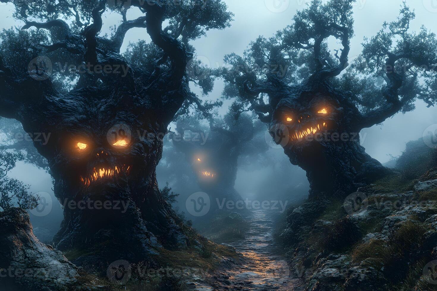 Enchanted Forest with Glowing Trees on a Misty Night - Halloween Fantasy Art photo