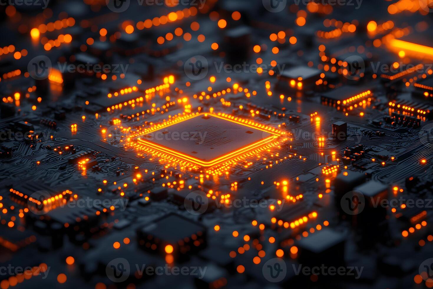 Futuristic Technology Circuit Board with Glowing Microchip for Digital Innovation Designs photo