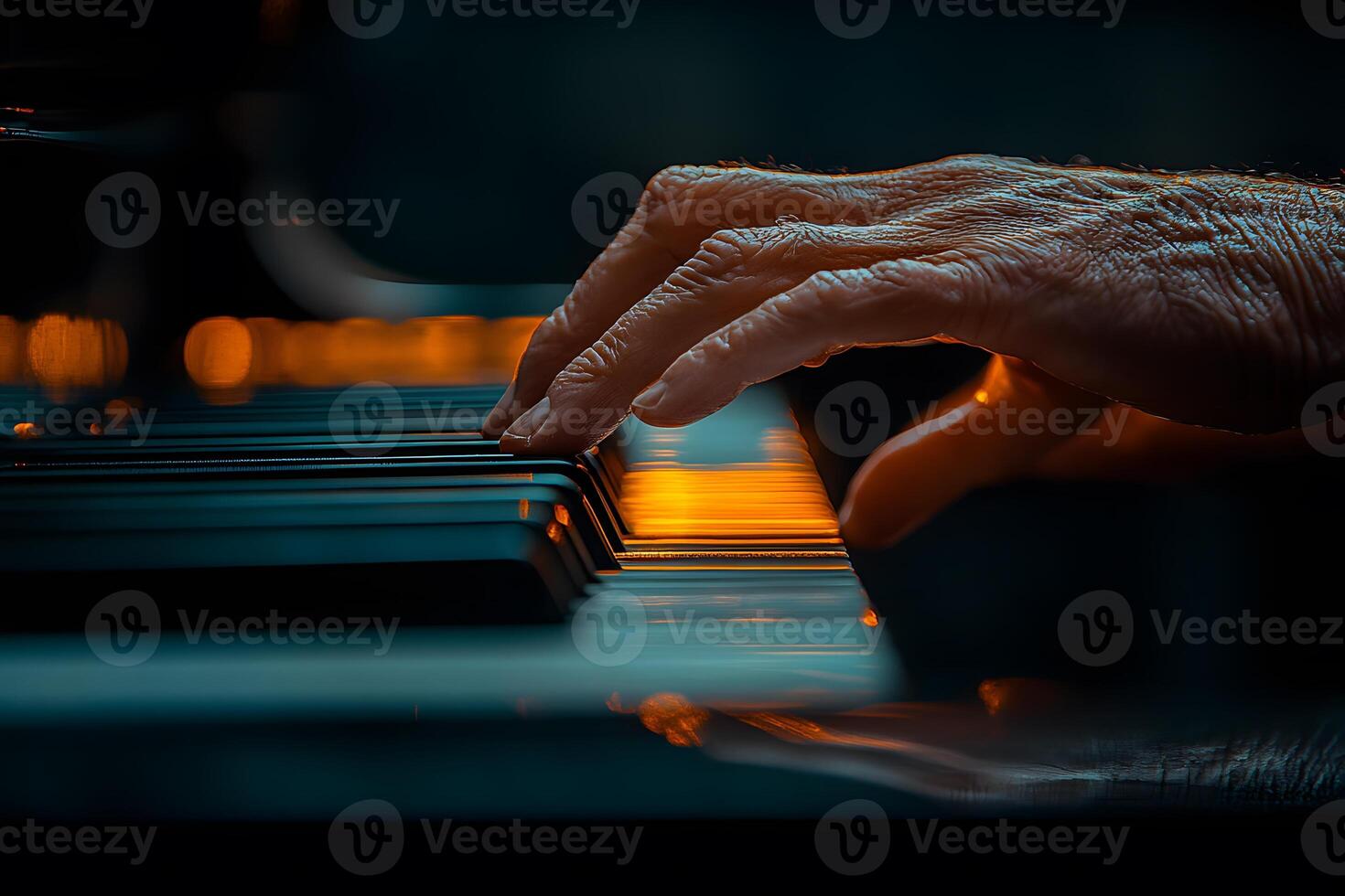 Elderly Hand Playing Piano Keys in Warm Lighting for Music Theme Design photo