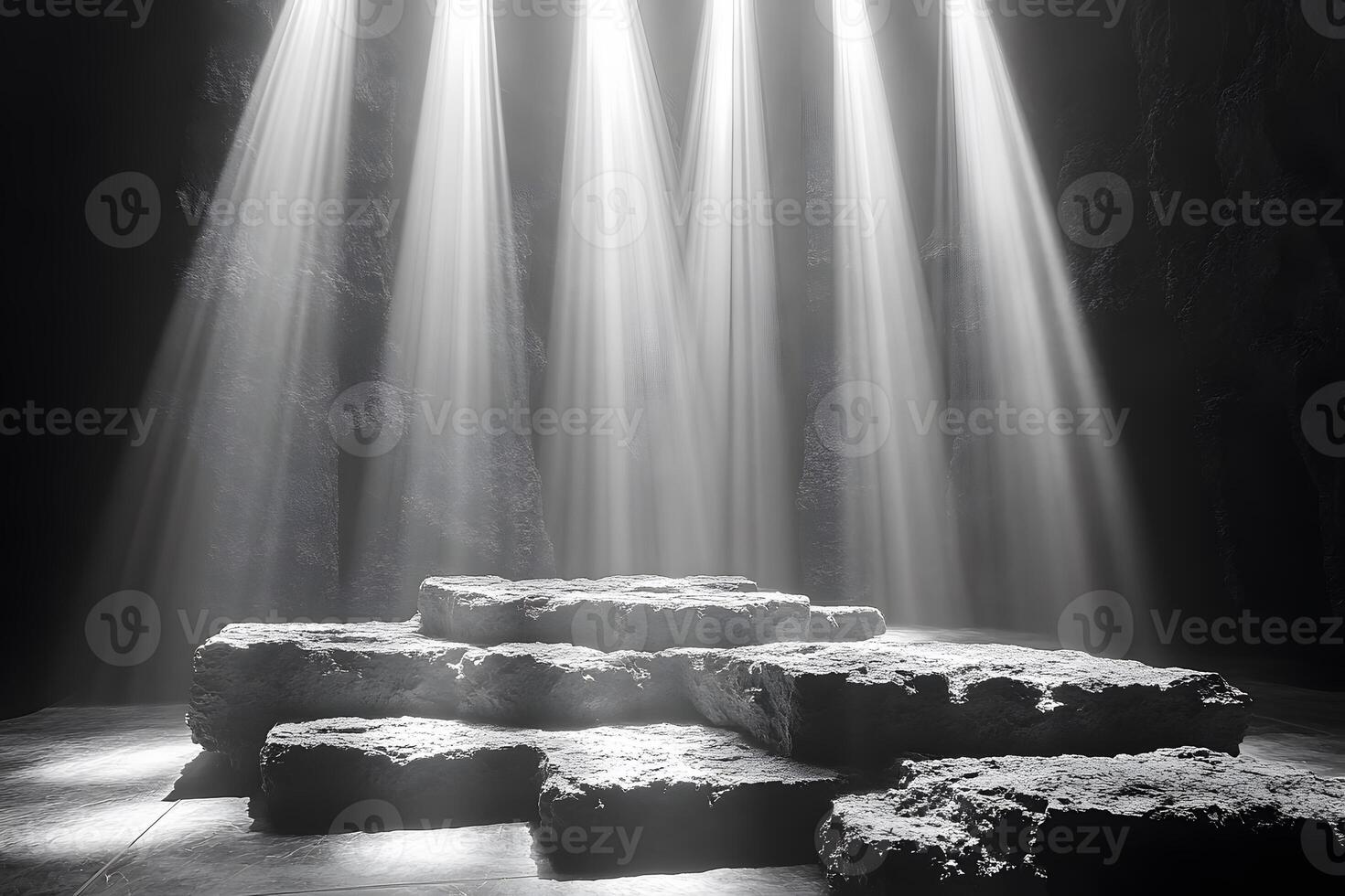 Mystical Light Beams on Stone Platform in Shadowy Cavern Setting photo