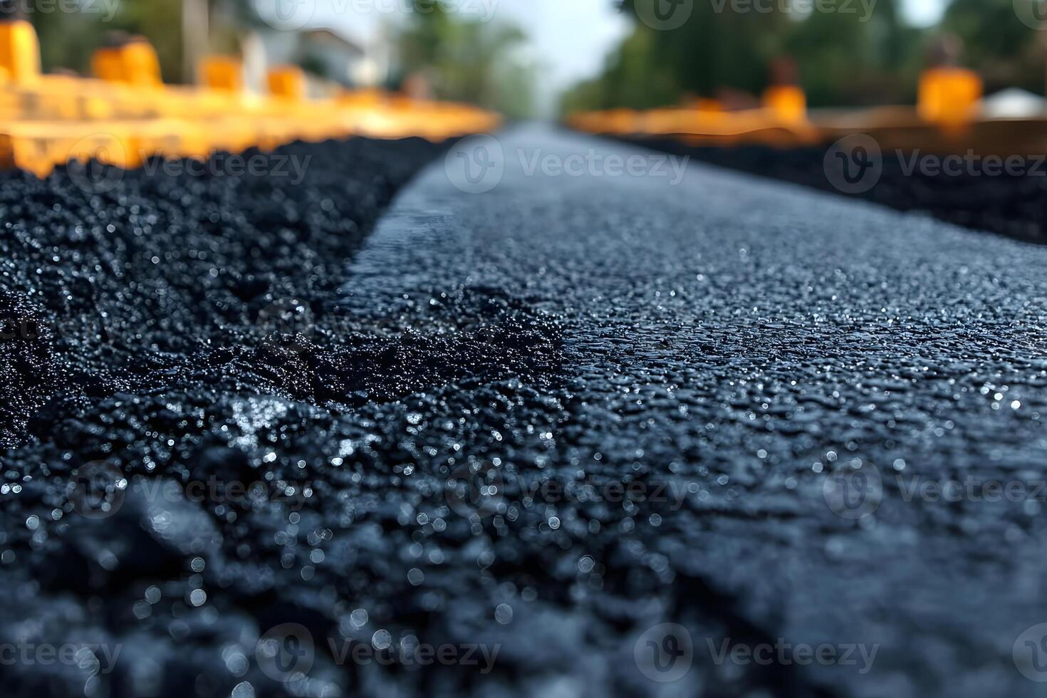 Freshly Laid Asphalt Road Surface with Blurred Construction Background for Infrastructure Design photo