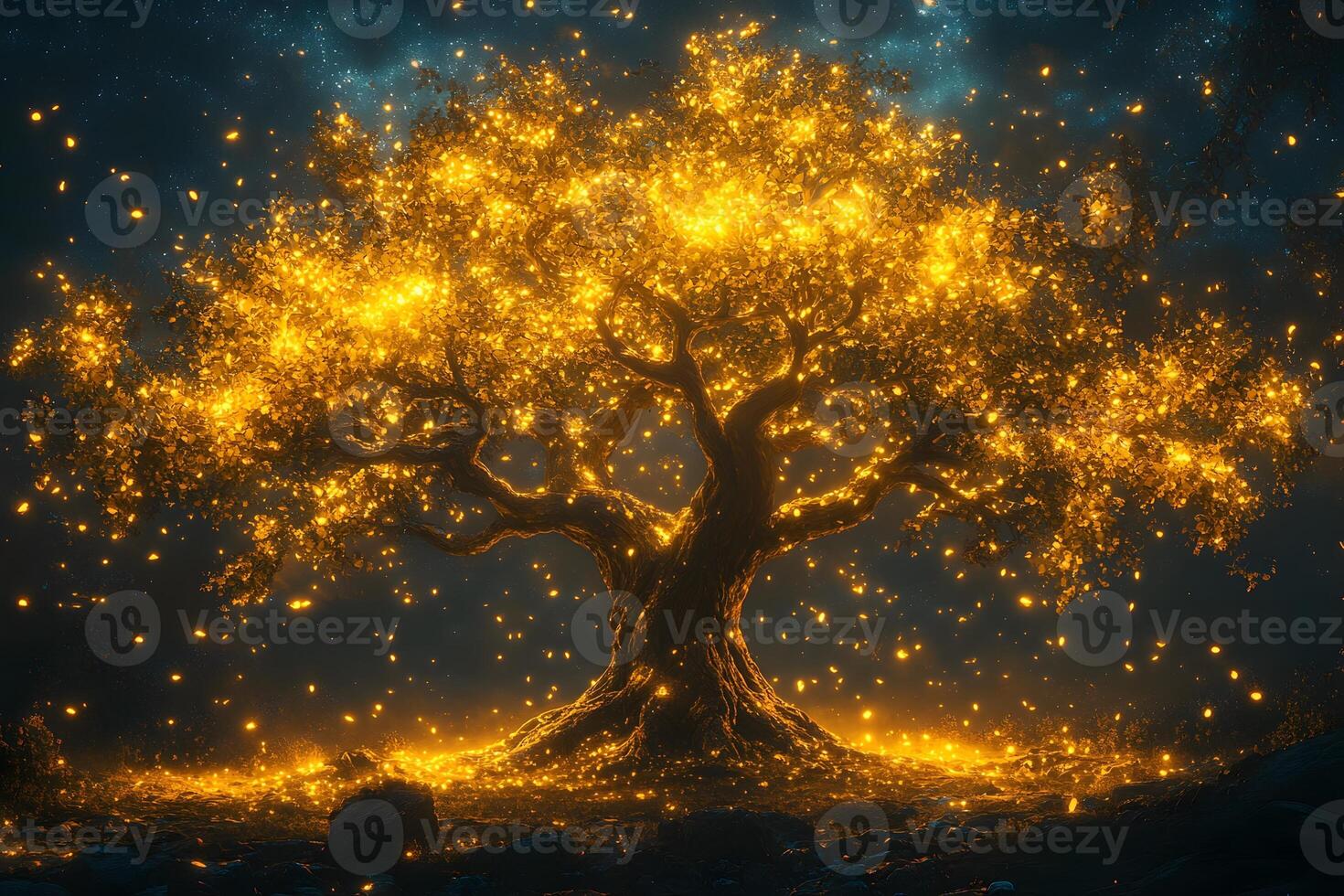 Enchanting Golden Tree Under Starry Night - Mystical Nature Experience for Artistic Inspirations photo