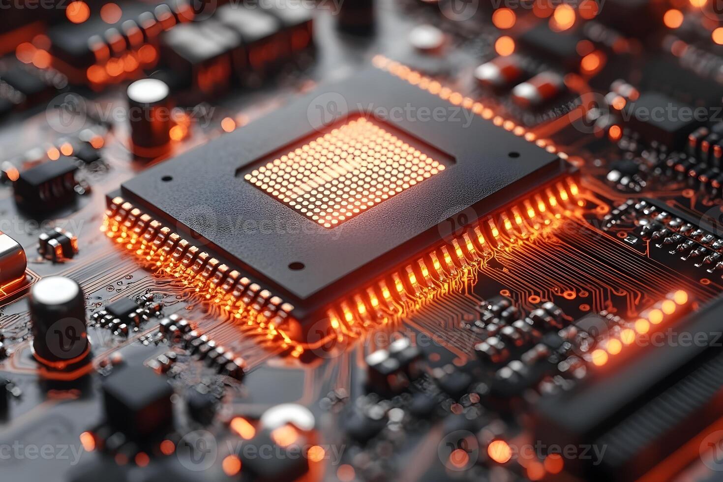 Futuristic Circuit Board with Glowing Microchip for Technology and Innovation Design photo