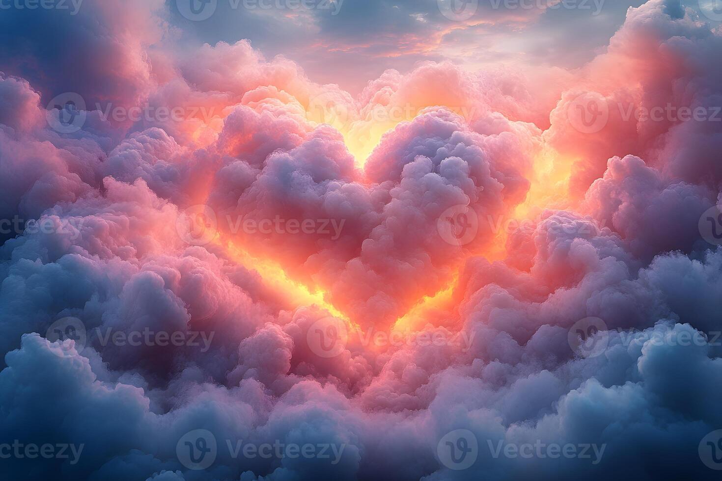 Romantic Sunset Sky with Heart-Shaped Clouds Ideal for Valentine's Day Posters photo