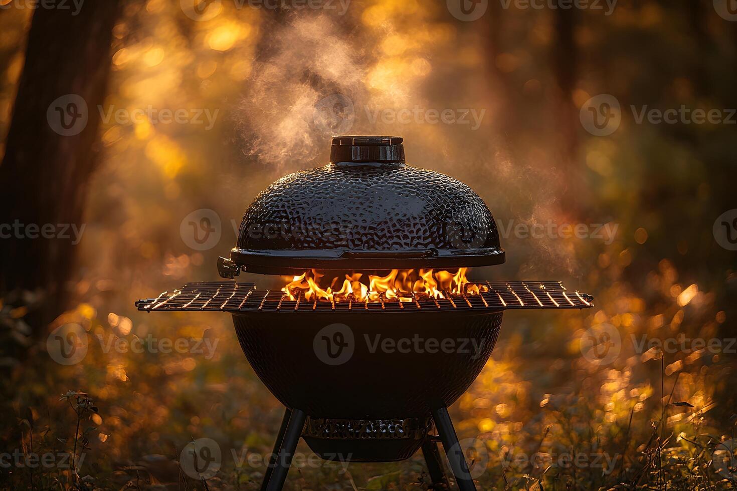 Outdoor Grilling Scene with Smoker at Sunset - Perfect for Summer BBQ and Cooking Themes photo