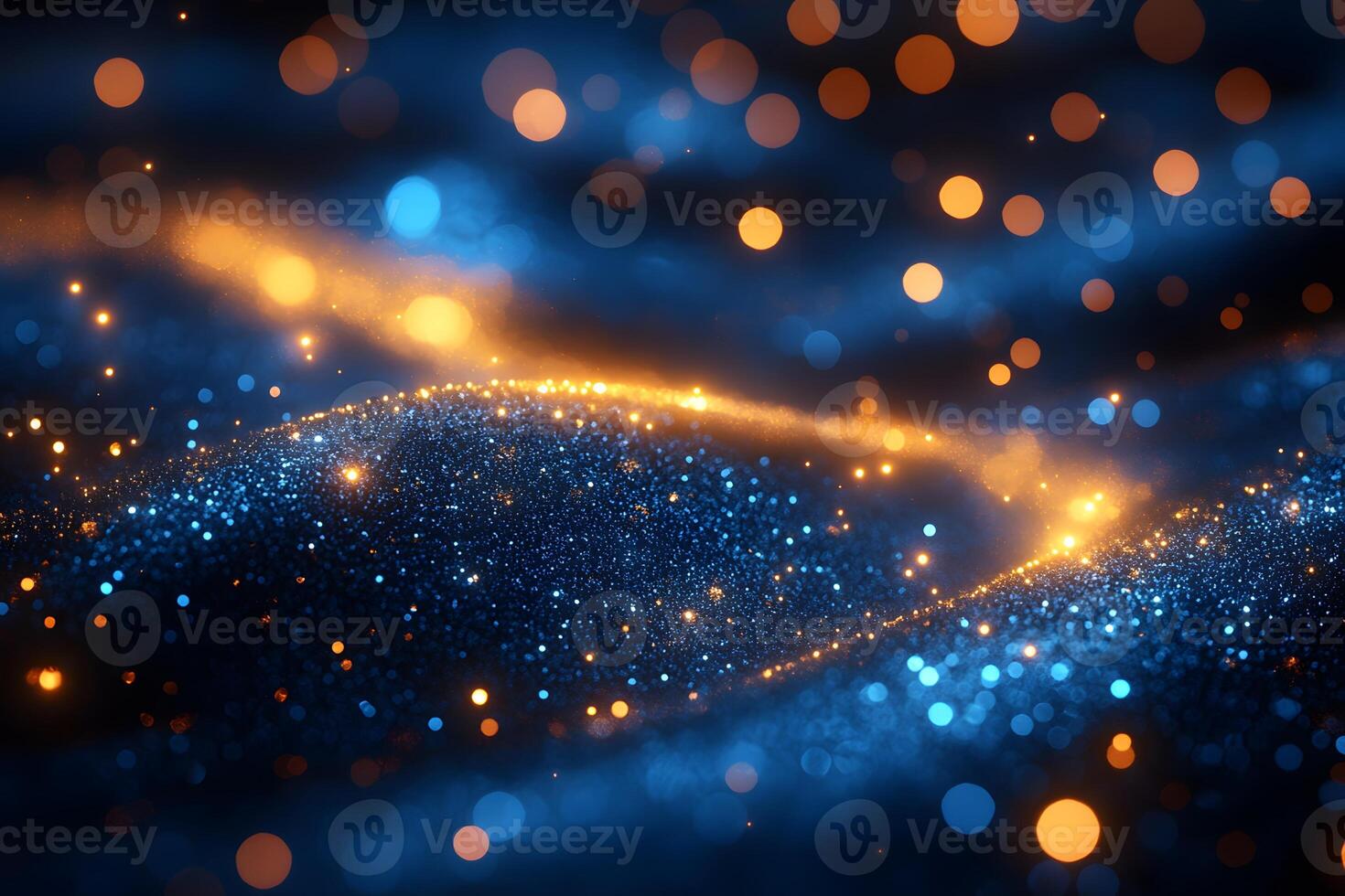 Glowing Abstract Bokeh Lights on Blue and Gold Background for Holiday Design photo