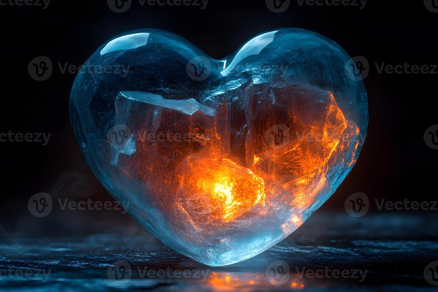 Glowing Heart-Shaped Ice Sculpture with Fiery Core in Dark Ambiance photo