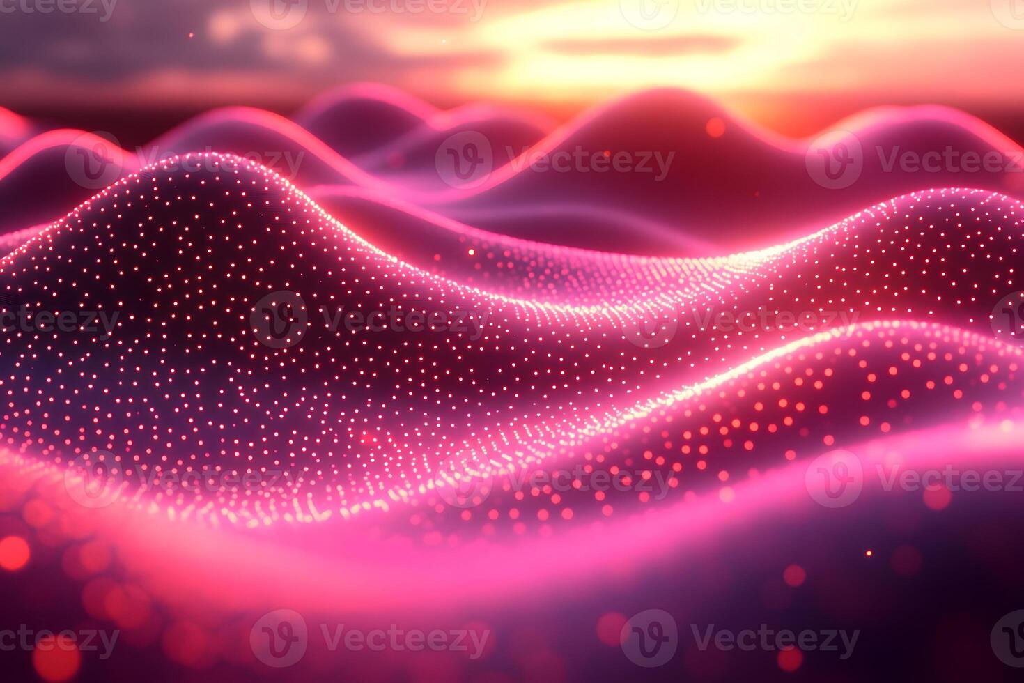 Abstract Digital Landscape with Glowing Pink Waves and Dots at Sunset photo