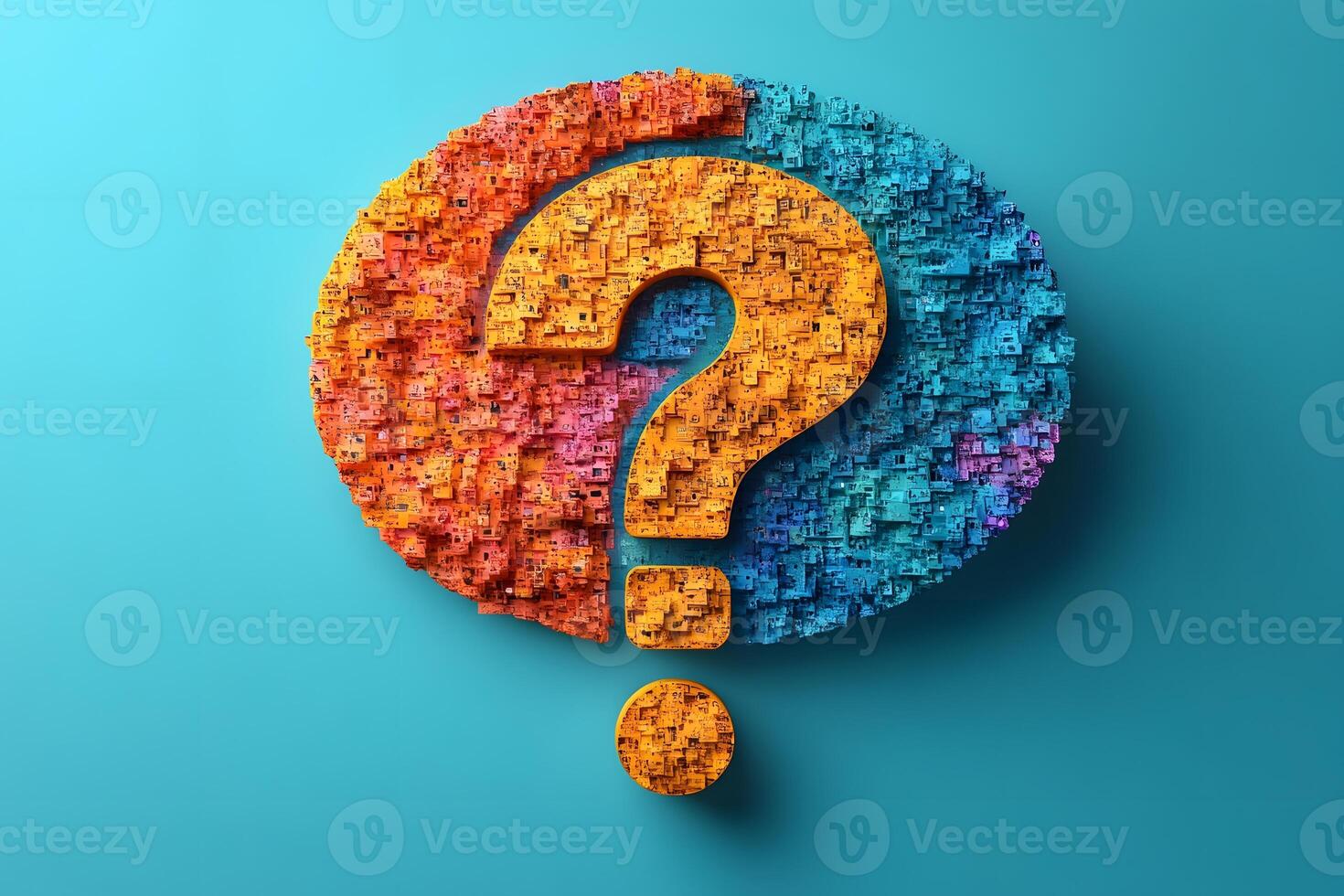 Colorful 3D Pixelated Question Mark on Teal Background - Creative Inquiry Concept photo