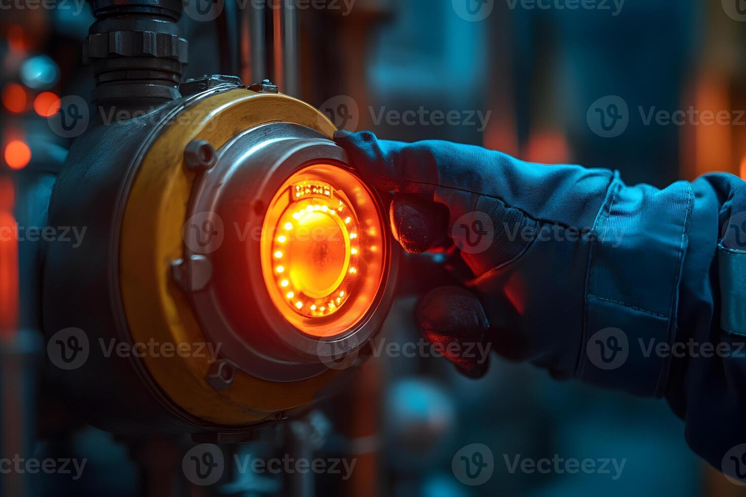 Industrial Machinery Control with Gloved Hand Adjusting Dial Illuminated in Vibrant Red Light photo