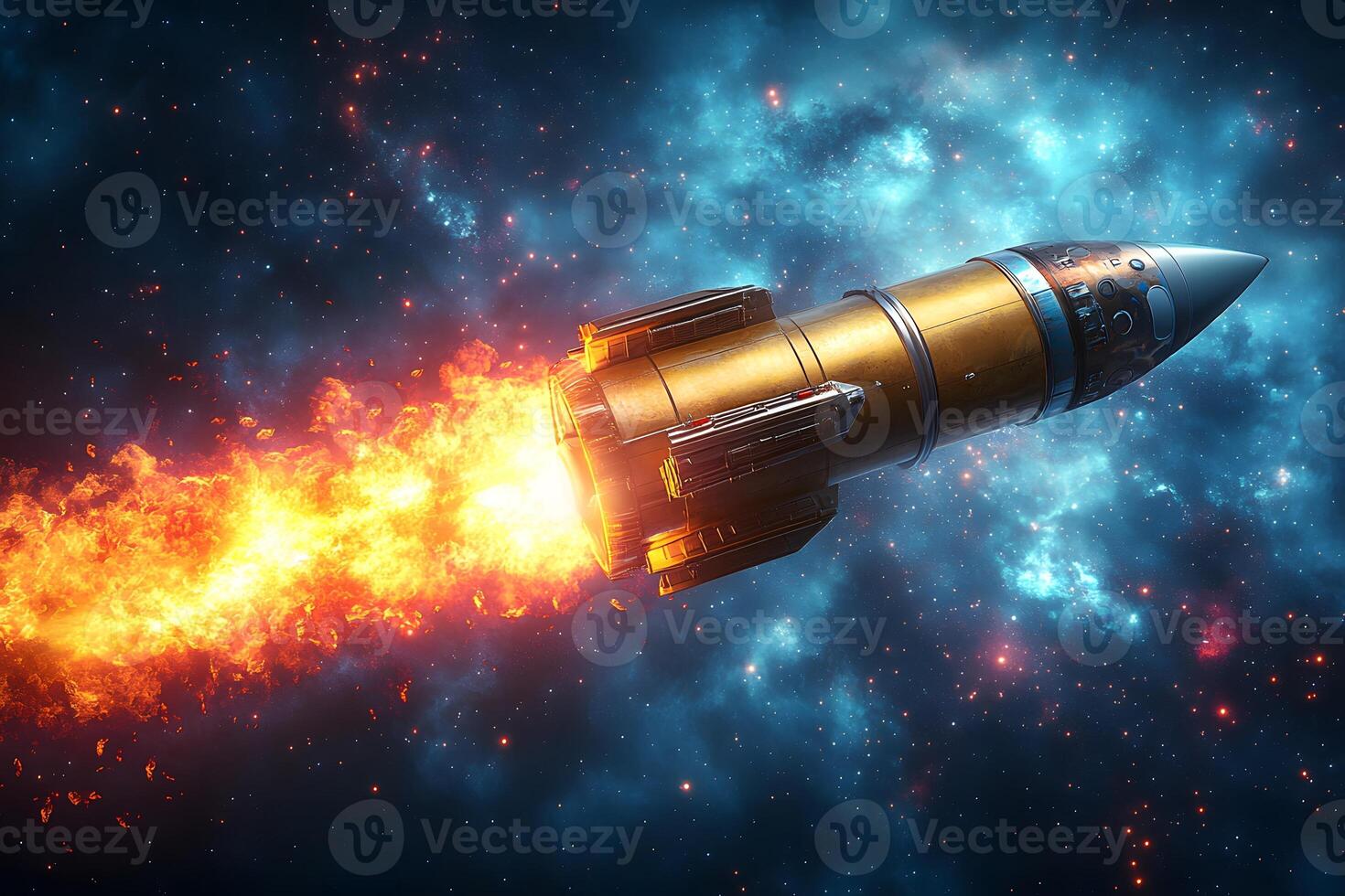 Space Exploration Rocket Launch Against Starry Galaxy Background photo