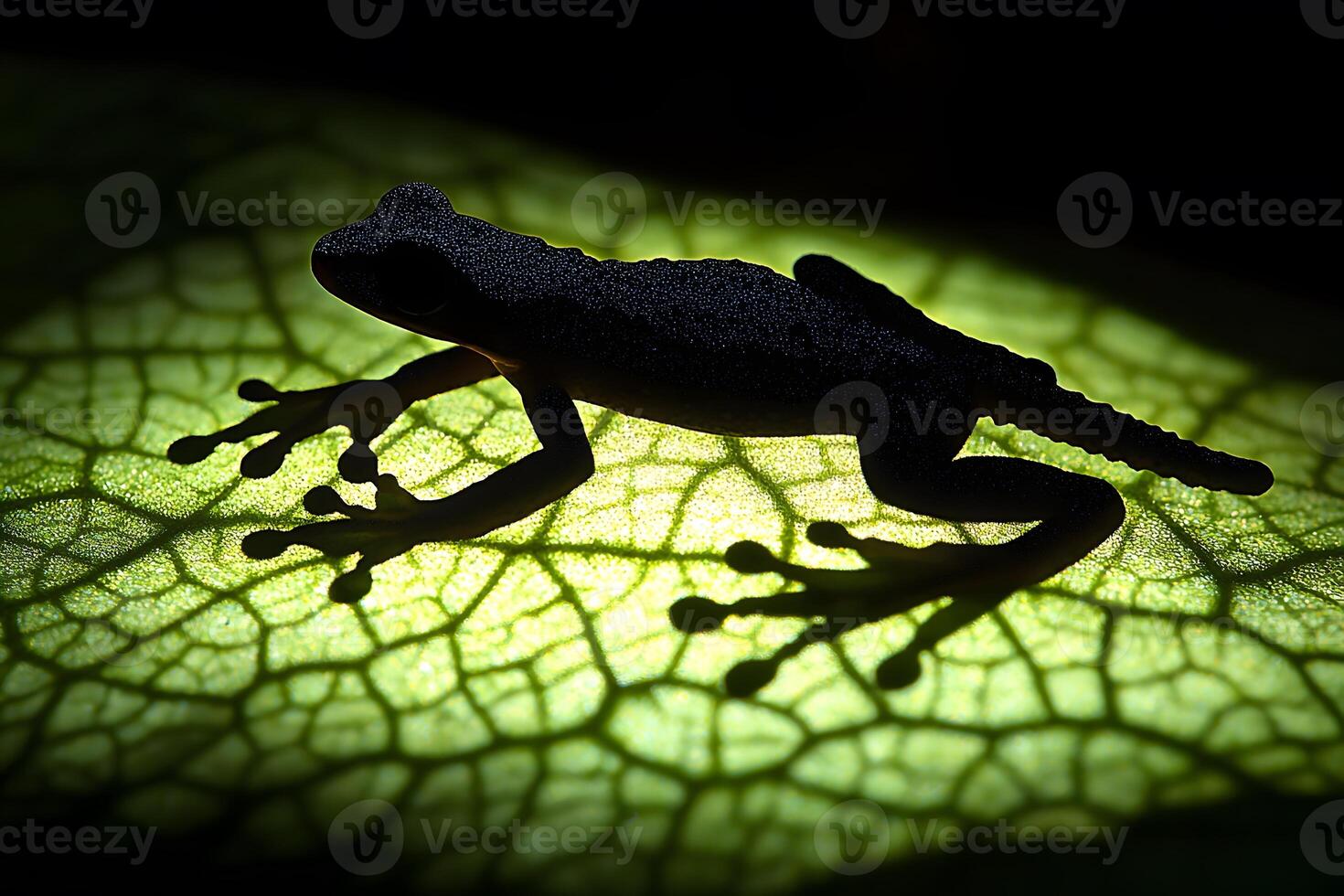 Silhouette of a Tree Frog on a Leaf with Intricate Veins and Backlighting photo