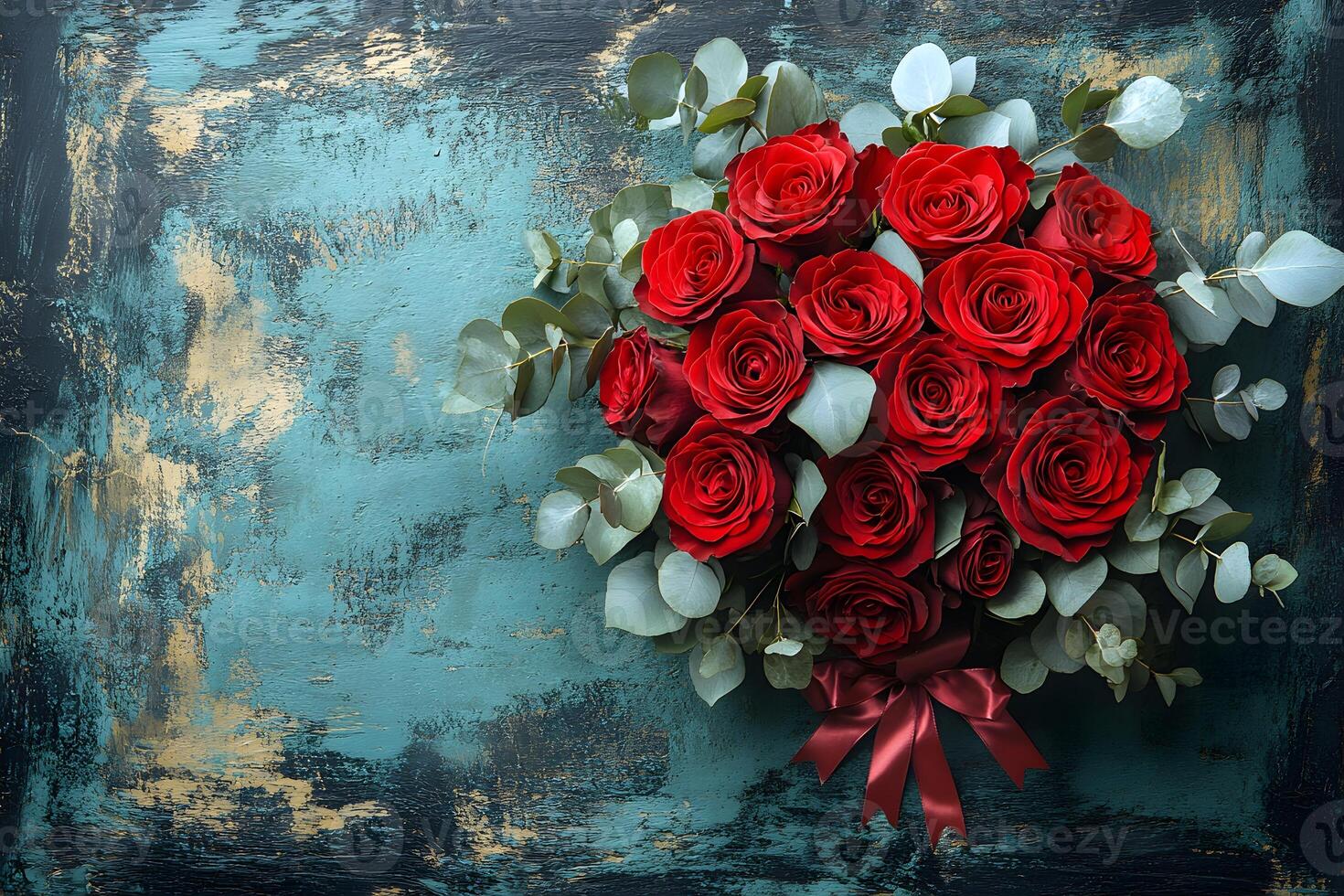 Elegant Red Rose Bouquet with Eucalyptus on Rustic Background for Romantic Decor photo