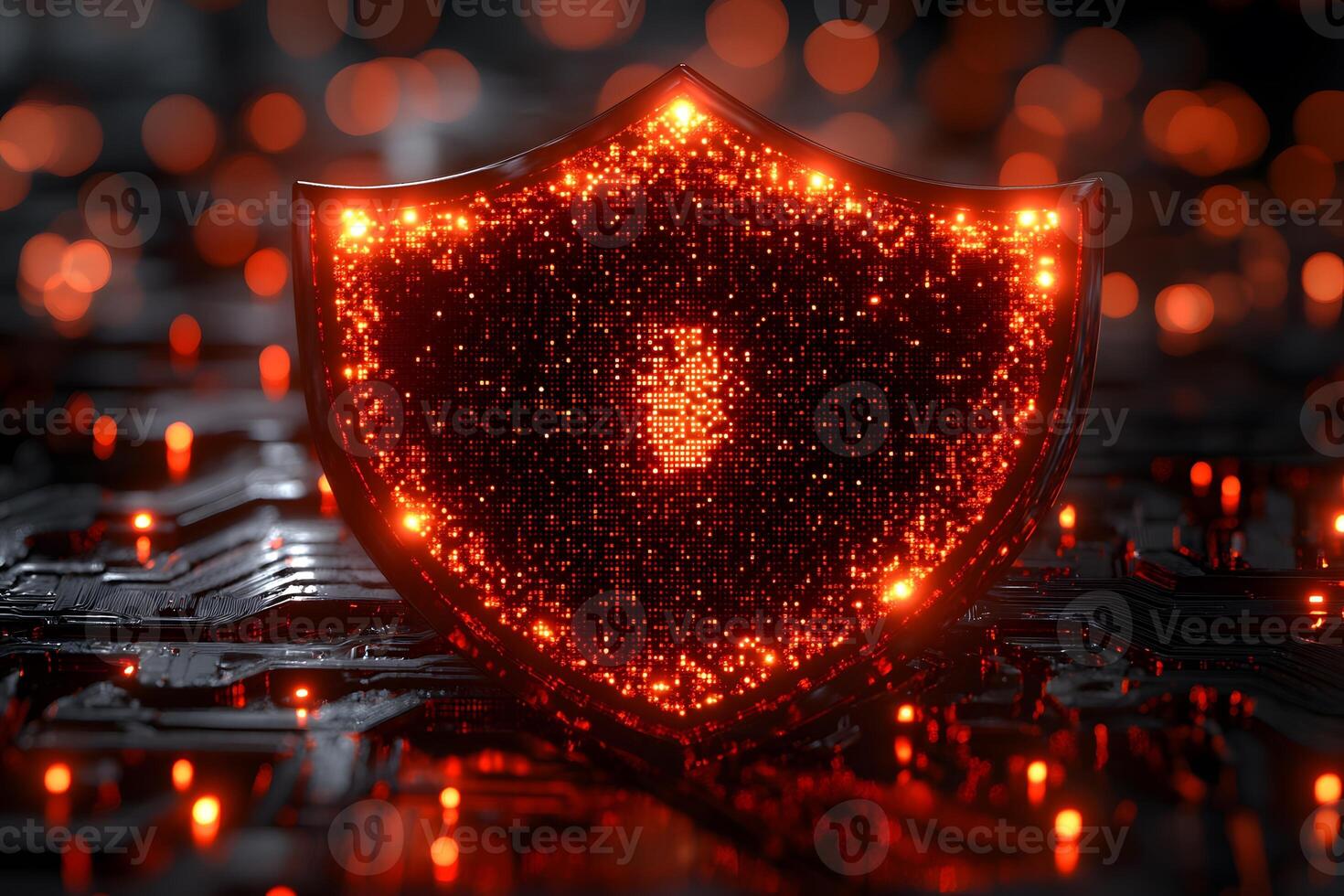 Cybersecurity Shield with Digital Circuitry and Glowing Lights for Computer Network Protection photo