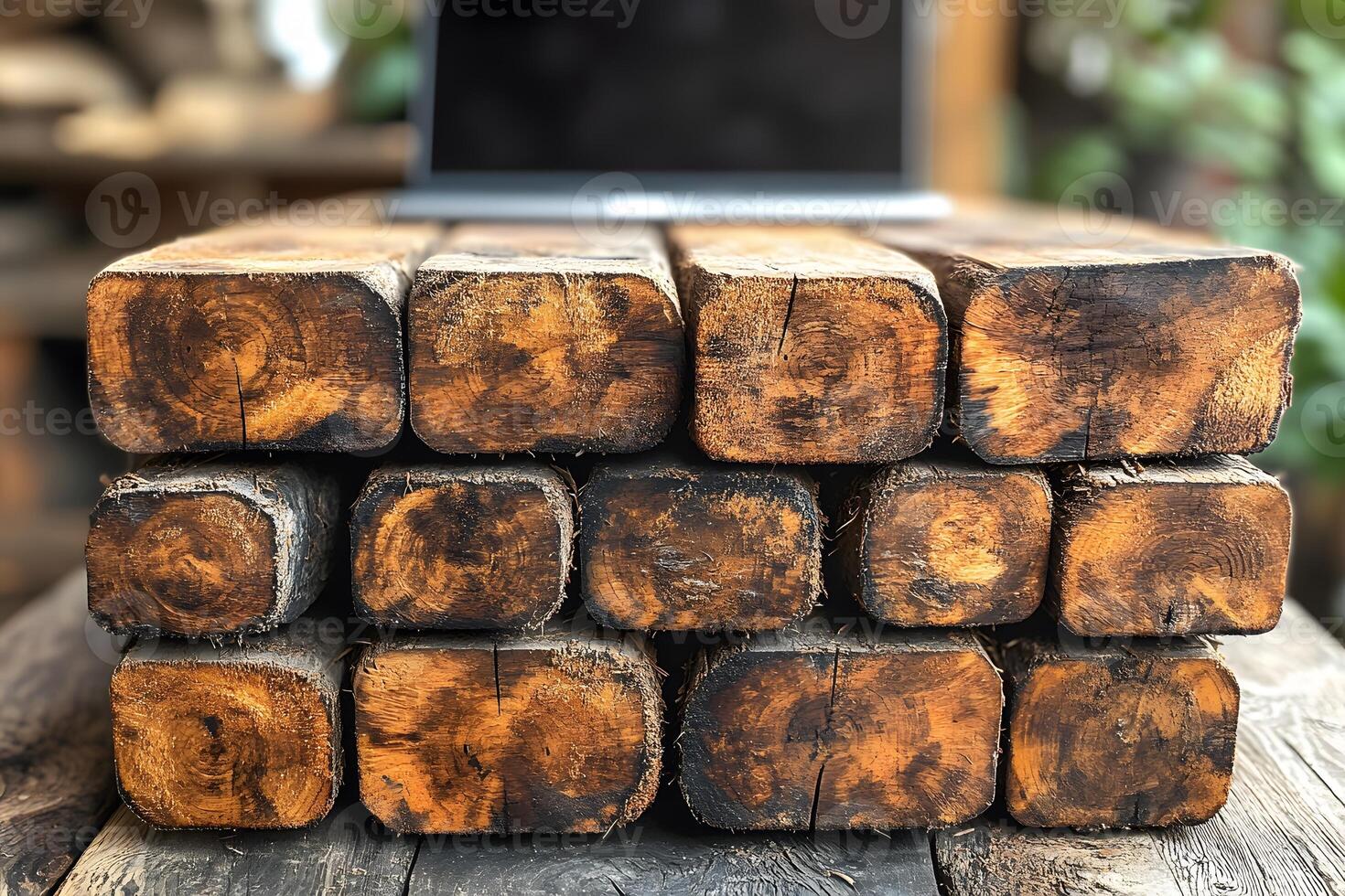 Rustic Wooden Beam Stack in Workshop Setting for Construction and Design photo
