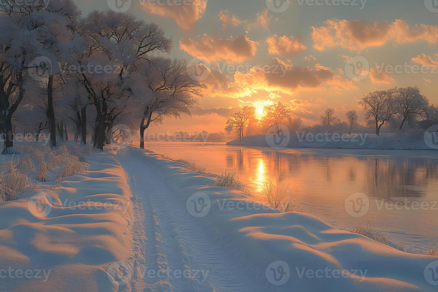 Winter Sunset Over Snow-Covered Path by Riverbank in Tranquil Landscape photo