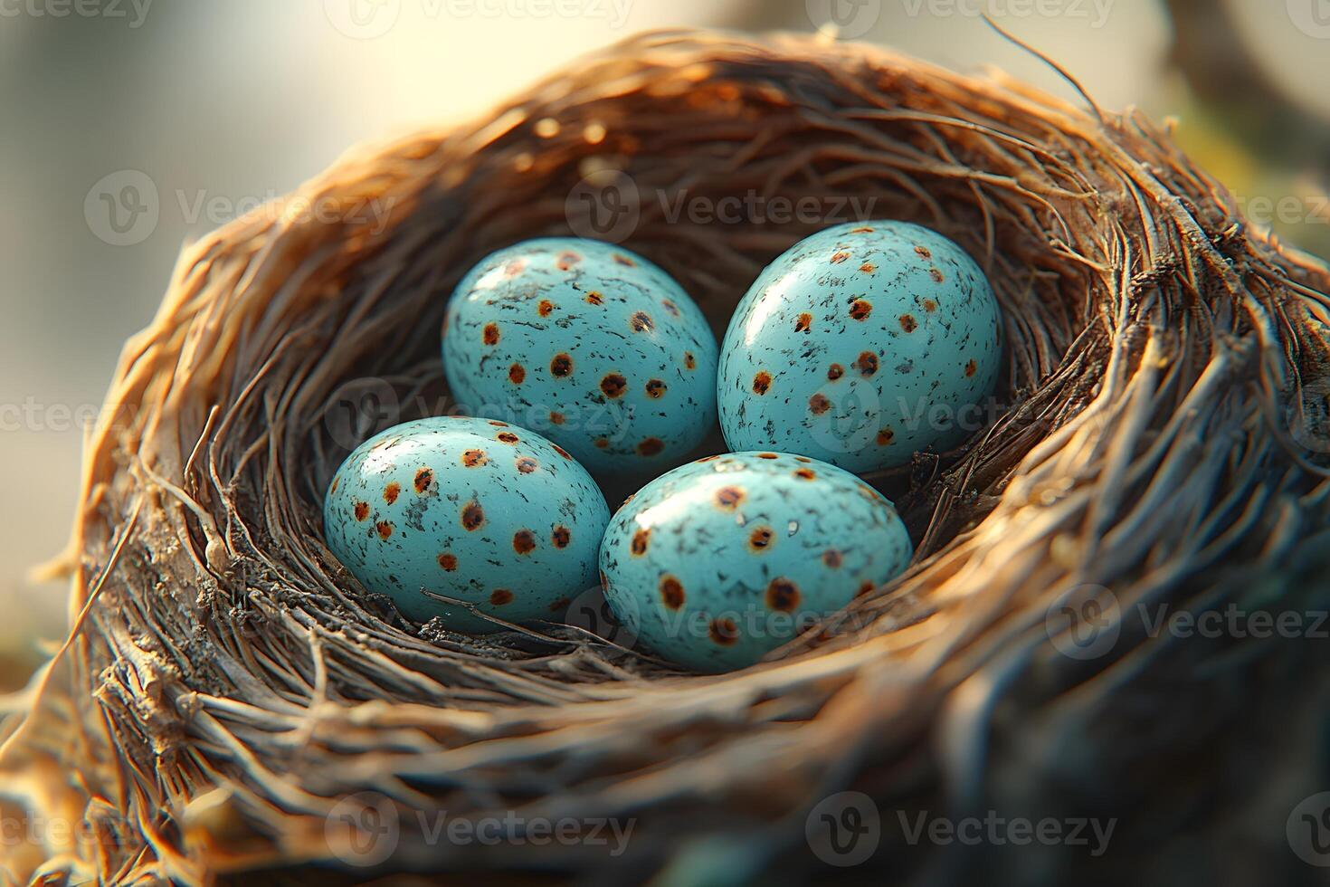 Nature's Gem Vibrant Blue Speckled Eggs in a Rustic Bird Nest - Spring Wildlife and Nature Photography photo