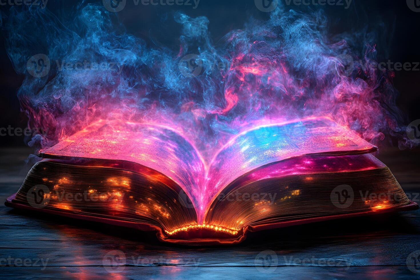 Mystical Book of Magic with Enchanting Lights and Smoke for Fantasy Themes photo