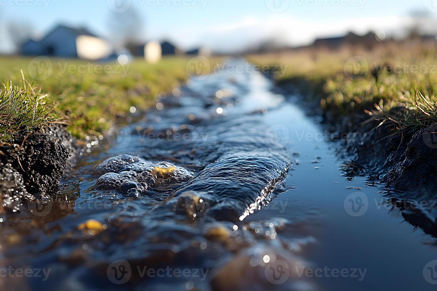 Tranquil Stream in Countryside Meadow with Rippled Water and Sunlit Grass photo