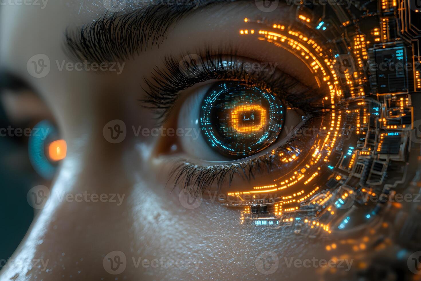 Futuristic AI Cyborg Eye with Digital Circuitry for Technology Concept Design photo