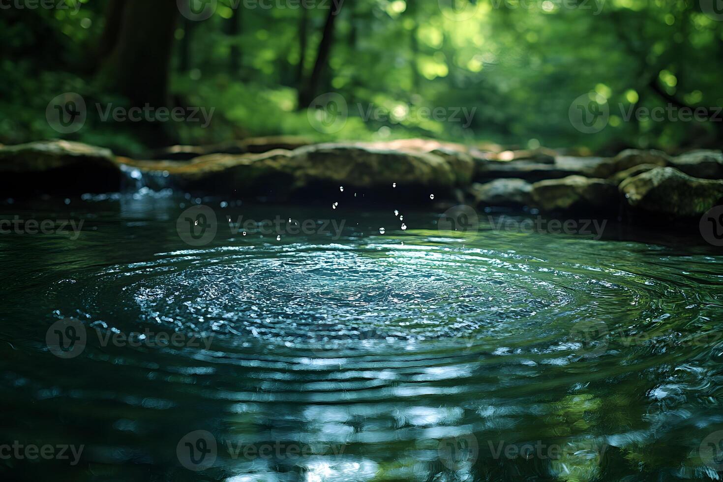Tranquil Forest Stream with Ripples in Sunlit Natural Oasis photo