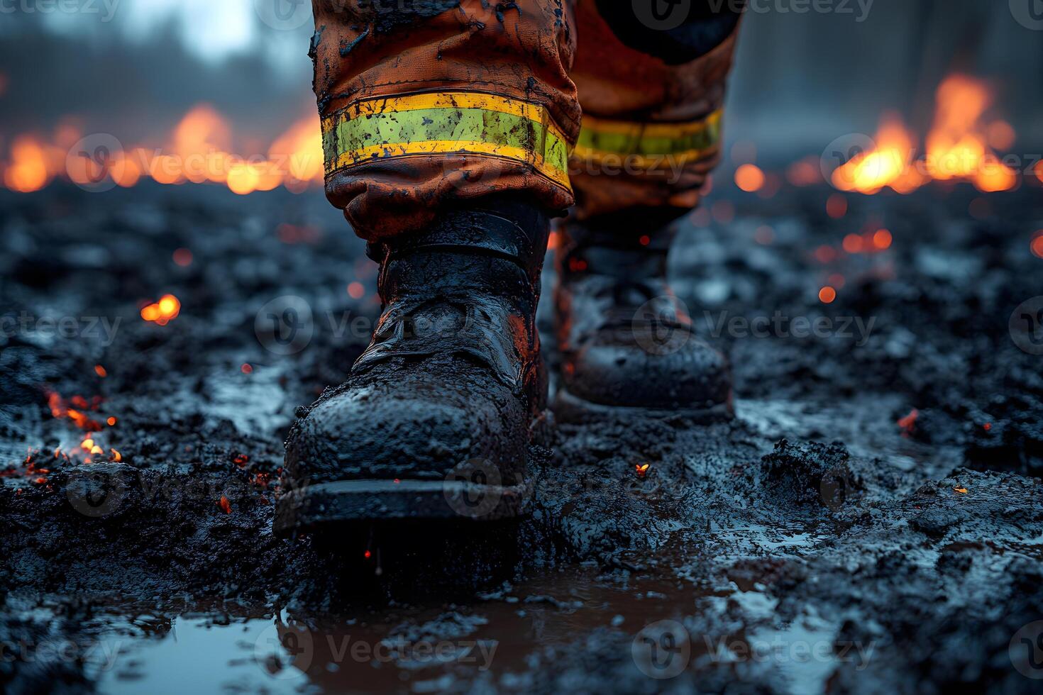 Firefighter Navigating Charred Terrain in Safety Gear for Emergency Response photo