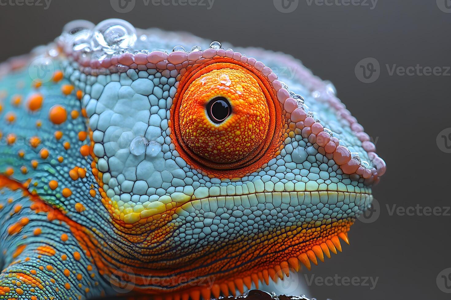Colorful Chameleon Close-Up of Vibrant Reptile with Detailed Scales and Dewdrops photo