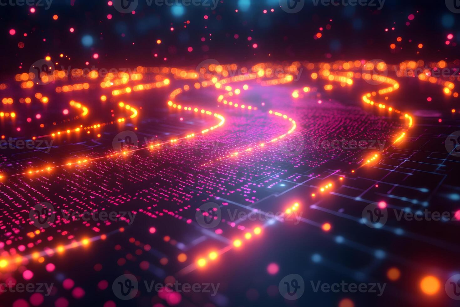 Futuristic Glowing Neon Pathway with Digital Data Light Effects for Tech-Themed Designs photo