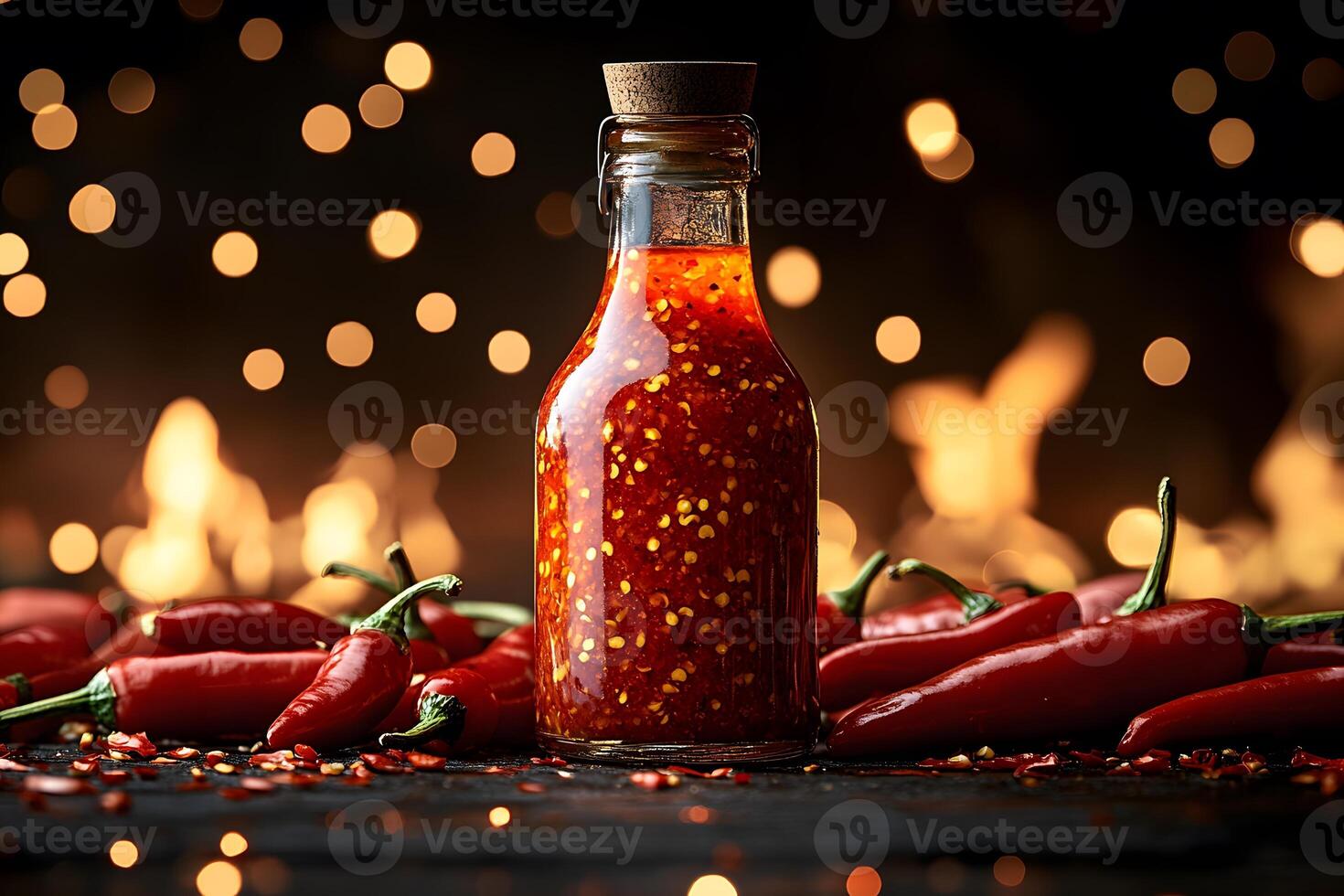 Spicy Chili Sauce in Glass Bottle Surrounded by Fresh Red Peppers with Fiery Background photo