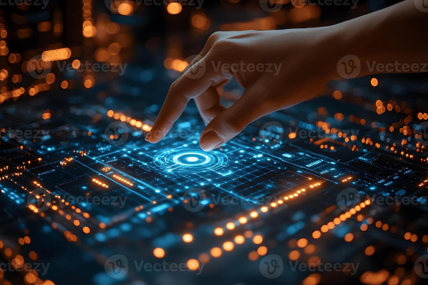 Futuristic Touchscreen Interface with Neon Lights for Tech Design Applications photo