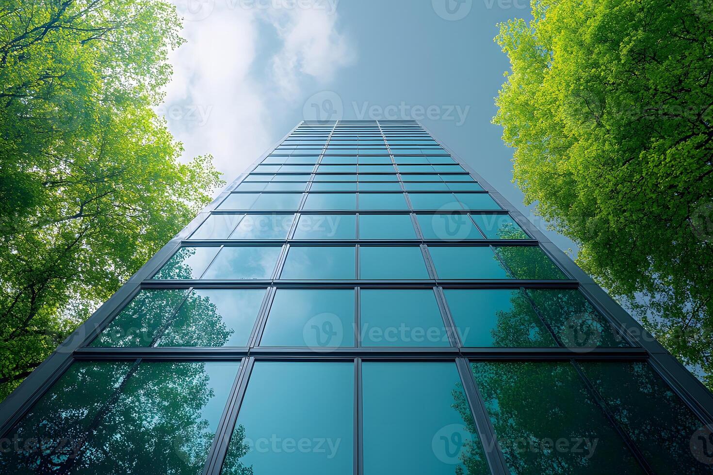Modern Architecture and Nature Harmony - Glass Skyscraper Reflecting Greenery photo