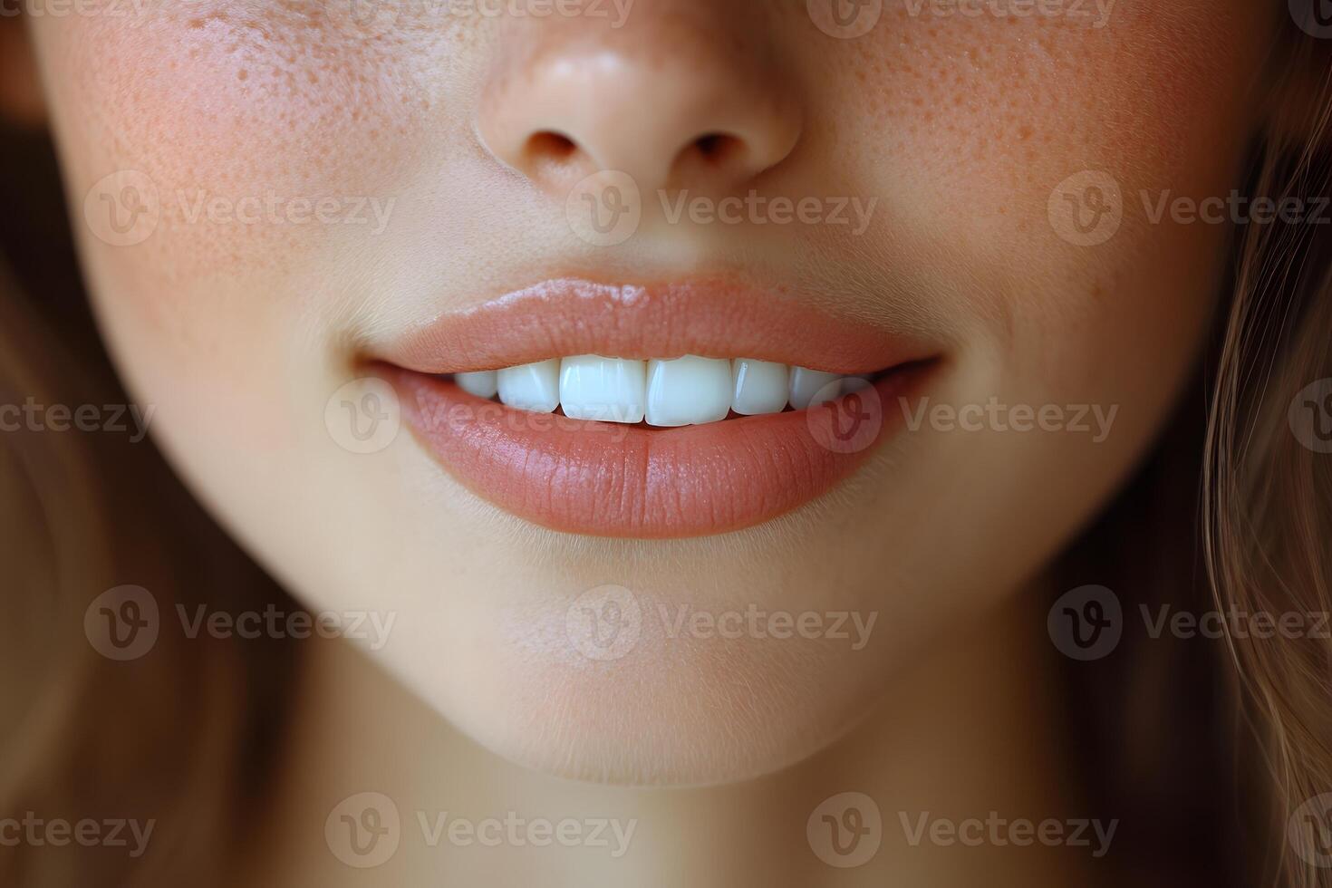 Close-Up of a Smiling Woman's Lips with Natural Makeup and Freckles for Beauty and Skincare photo