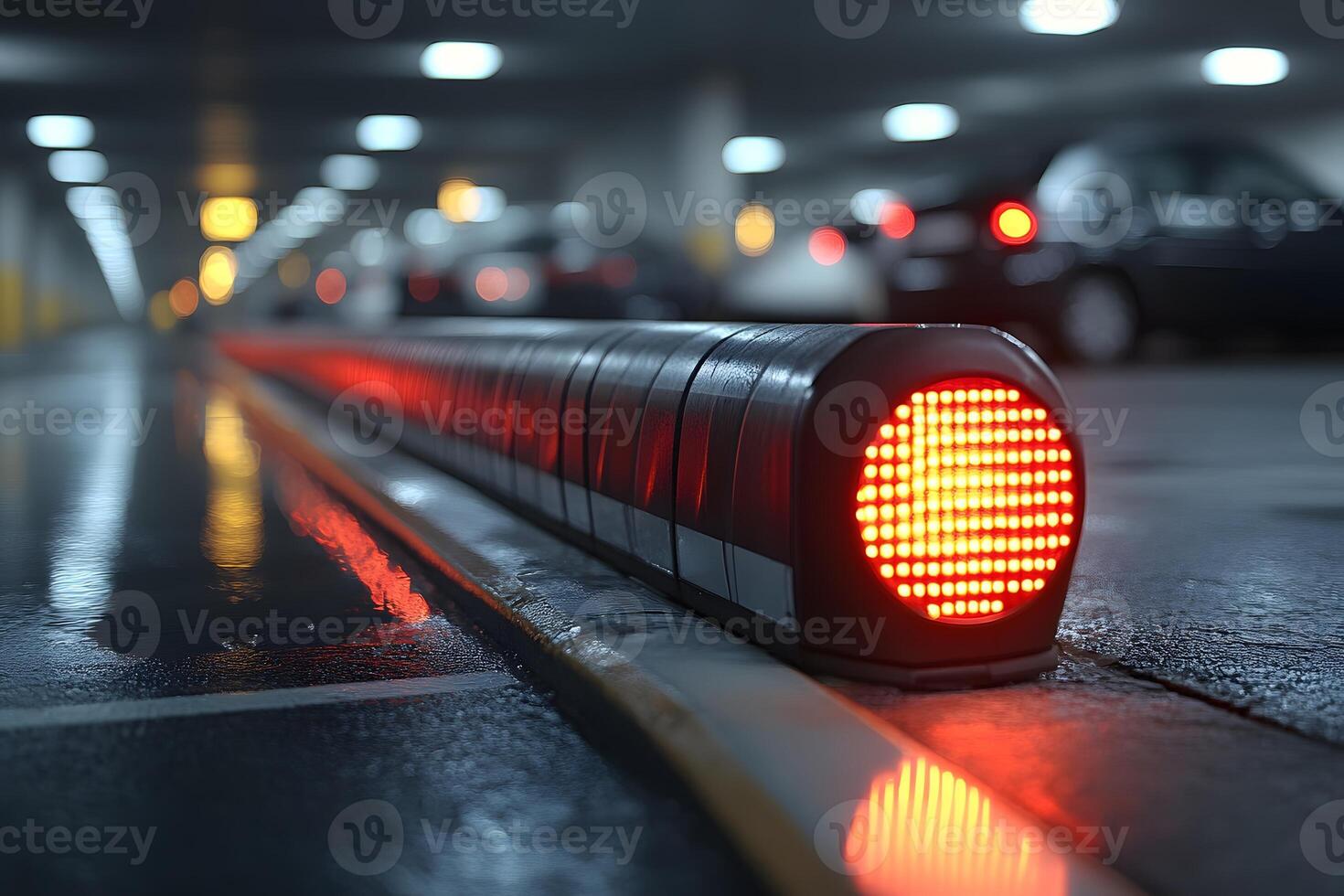Urban Parking Lot Safety Technology with Illuminated Barrier Reflecting Modern Infrastructure photo