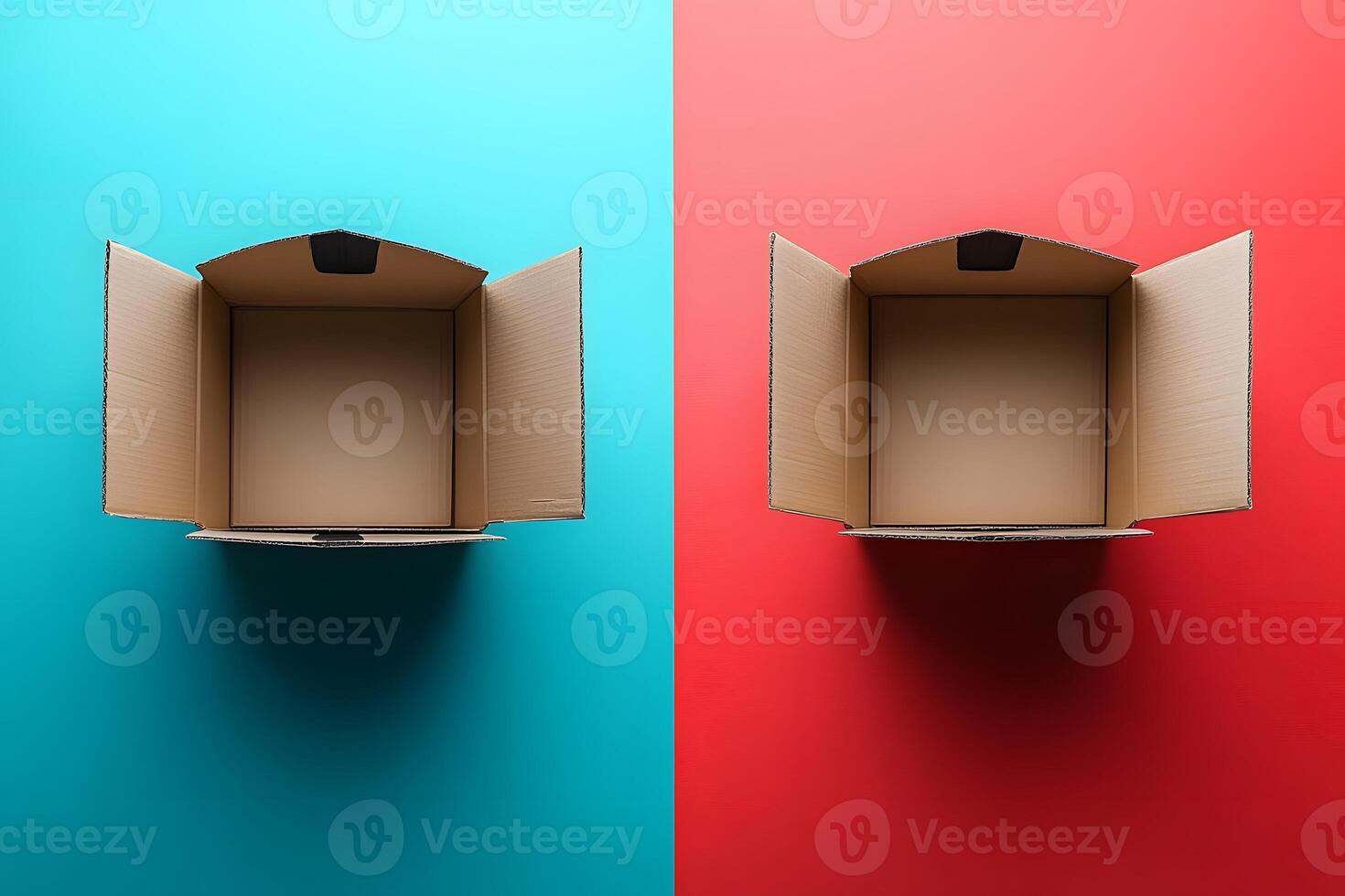 Minimalistic Open Cardboard Boxes on Bright Blue and Red Background for Modern Design photo