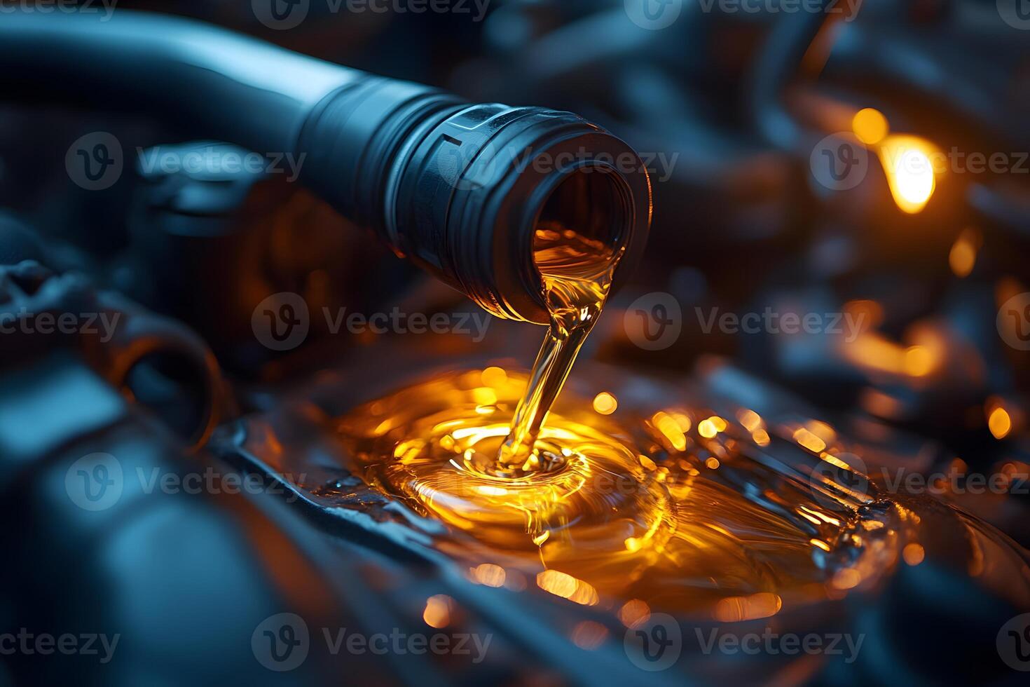 Golden Engine Oil Pouring into Car Engine for Effective Vehicle Maintenance photo